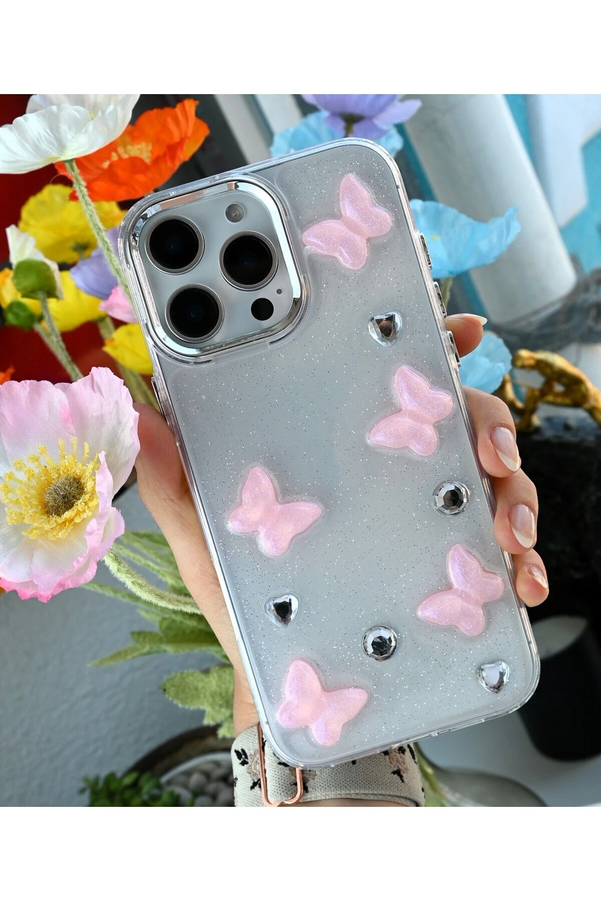 کاور و قاب اسباب بازی اپوکسی طرح سه بعدی پروانه صورتی سازگار با IPHONE 14 PROMAX Go Aksesuar