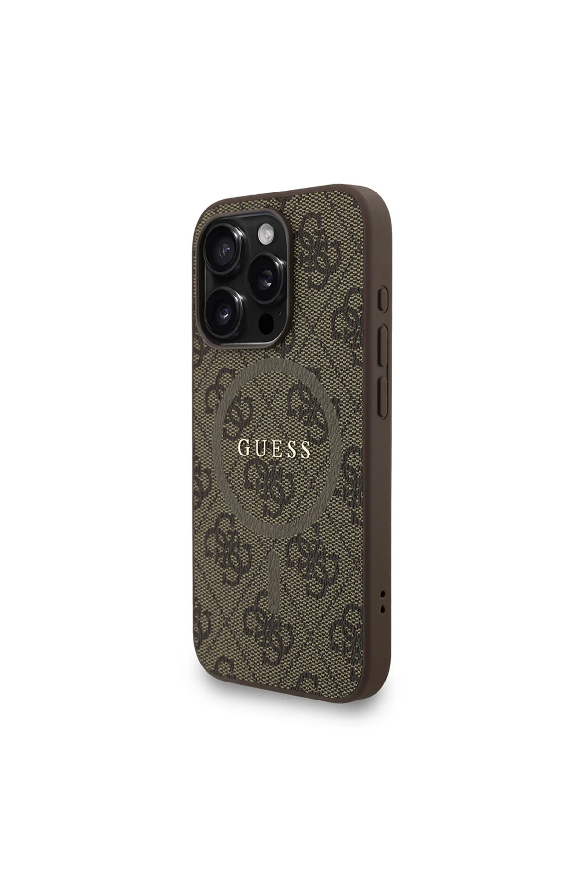 کاور و قاب سازگار با IPHONE 15 PRO دارای لایسنس M SAFE سیم بند مچی لوگوی متنی قهوه ای اورجینال Guess