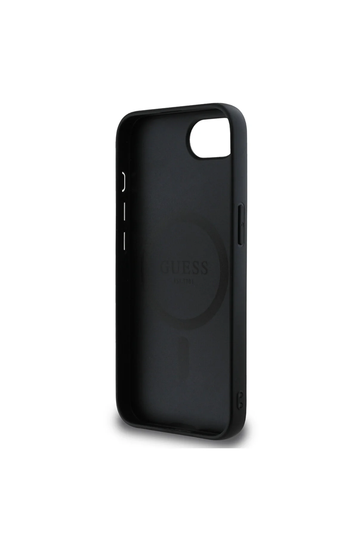 کاور و قاب سازگار با IPHONE 16E دارای مجوز شارژ M SAFE لوگوی برجسته PU مثلثی پوشش طرح دار 4G مشکی Guess