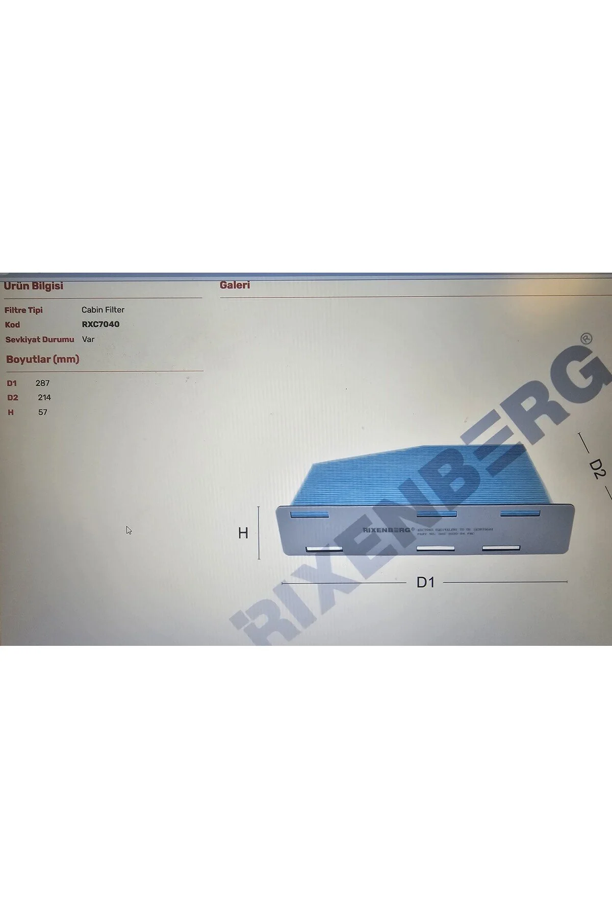 فیلتر اتاق گرده RIXENBERG RXC7040 اورجینال İthal