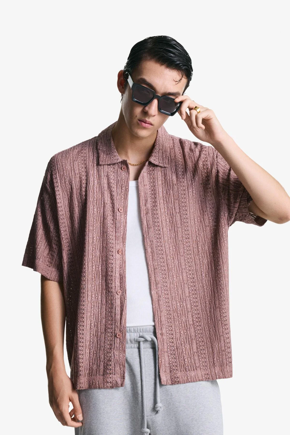 پیراهن دکمه دار آستین کوتاه OPENWORK برشکا اورجینال Bershka