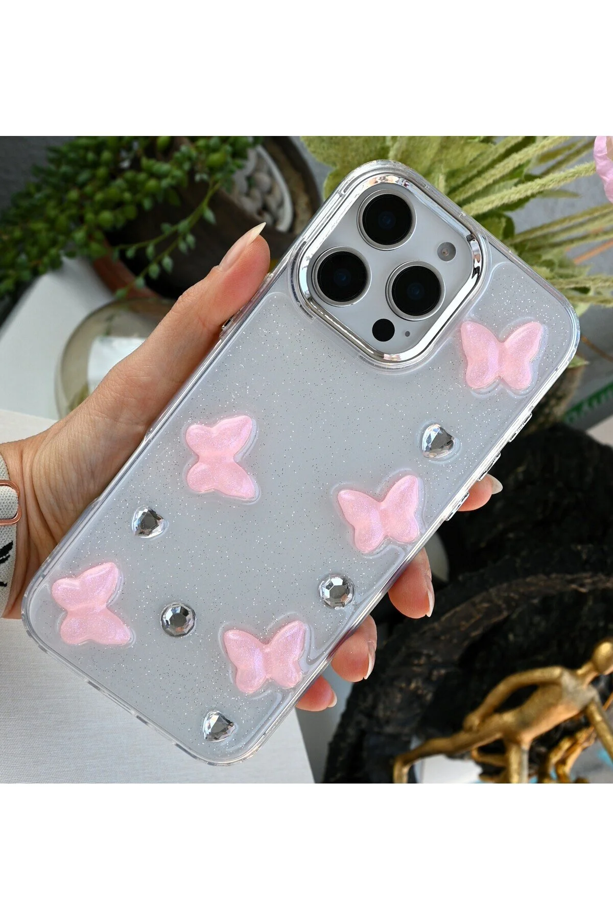 کاور و قاب اسباب بازی اپوکسی طرح سه بعدی پروانه صورتی سازگار با IPHONE 14 PROMAX Go Aksesuar