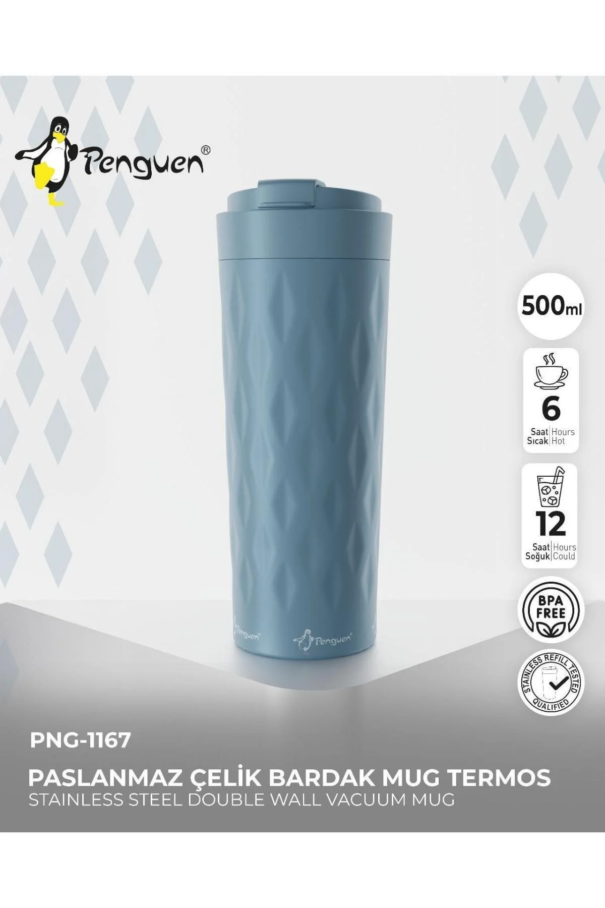 فلاسک لیوان استیل طرح دار 500 میلی لیتری PNG 1167 | 6 ساعت گرم 12 سرد ضد نشت و بدون BPA اورجینال Penguen
