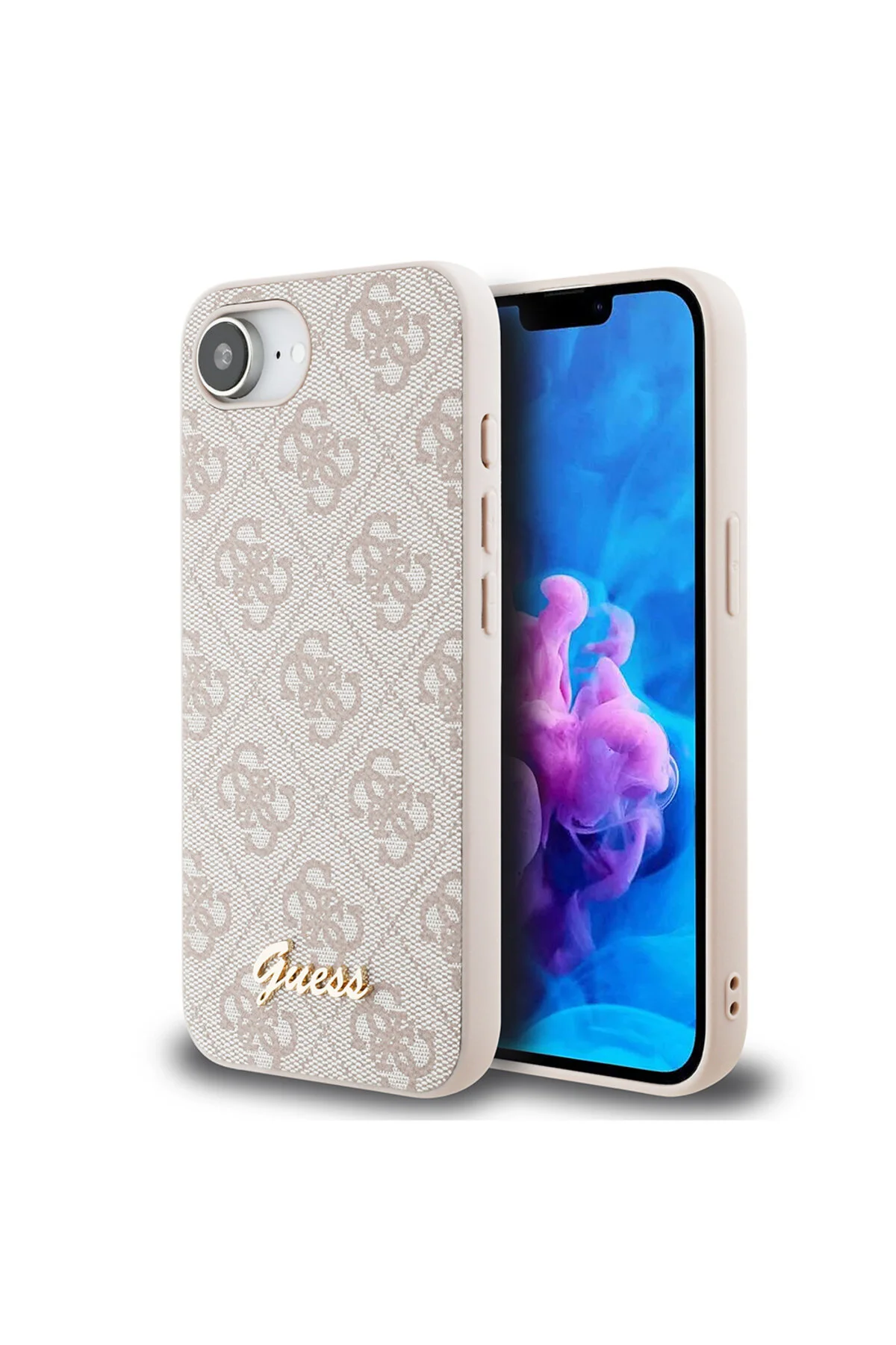 کاور و قاب IPHONE 16E سازگار مورد با مجوز 4G الگوی اسکریپت فلزی پوشش صورتی Guess