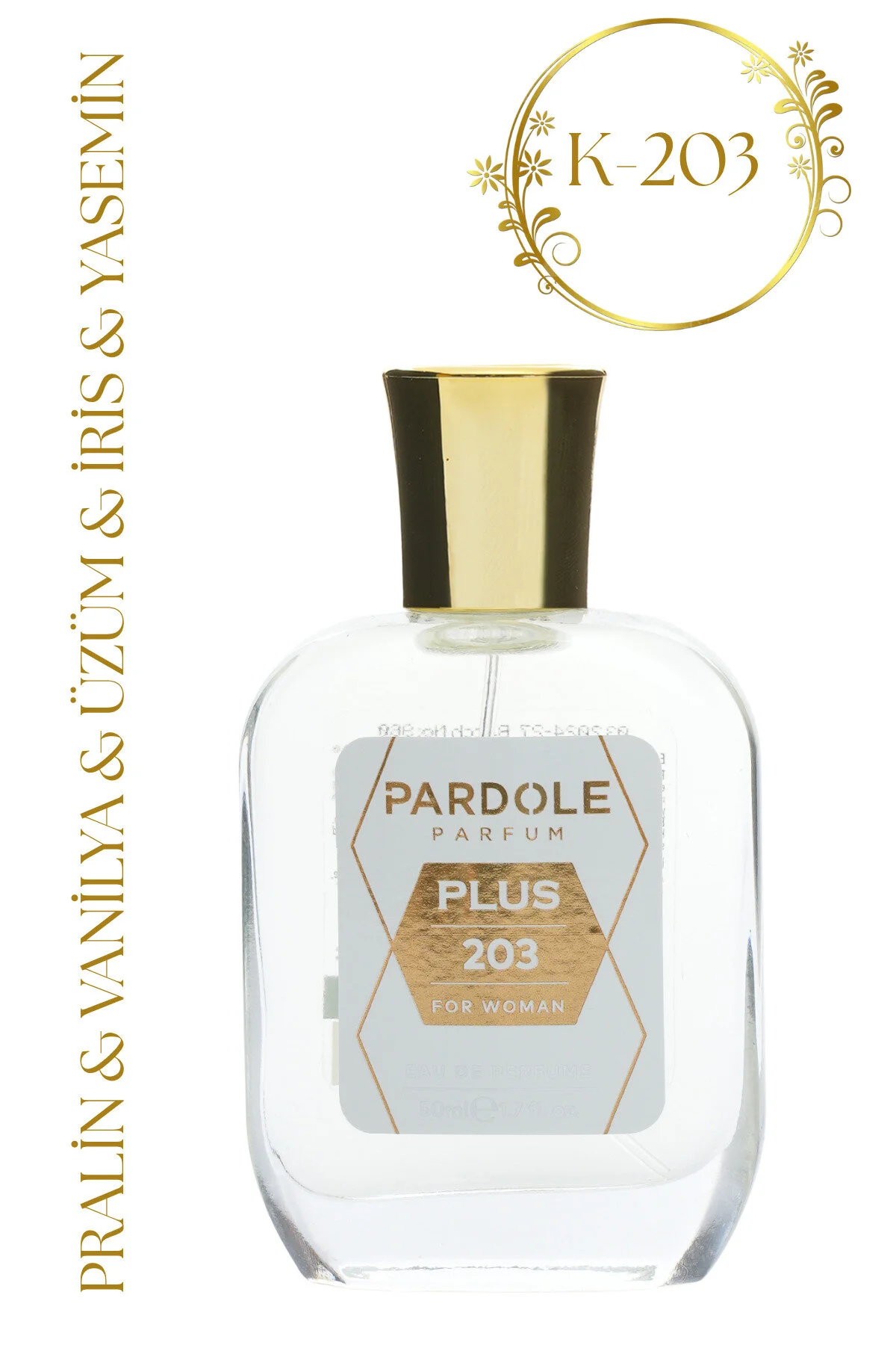 عطر زنانه K 203 50 میل پرالین وانیل انگور عنبیه یاس PARDOLE