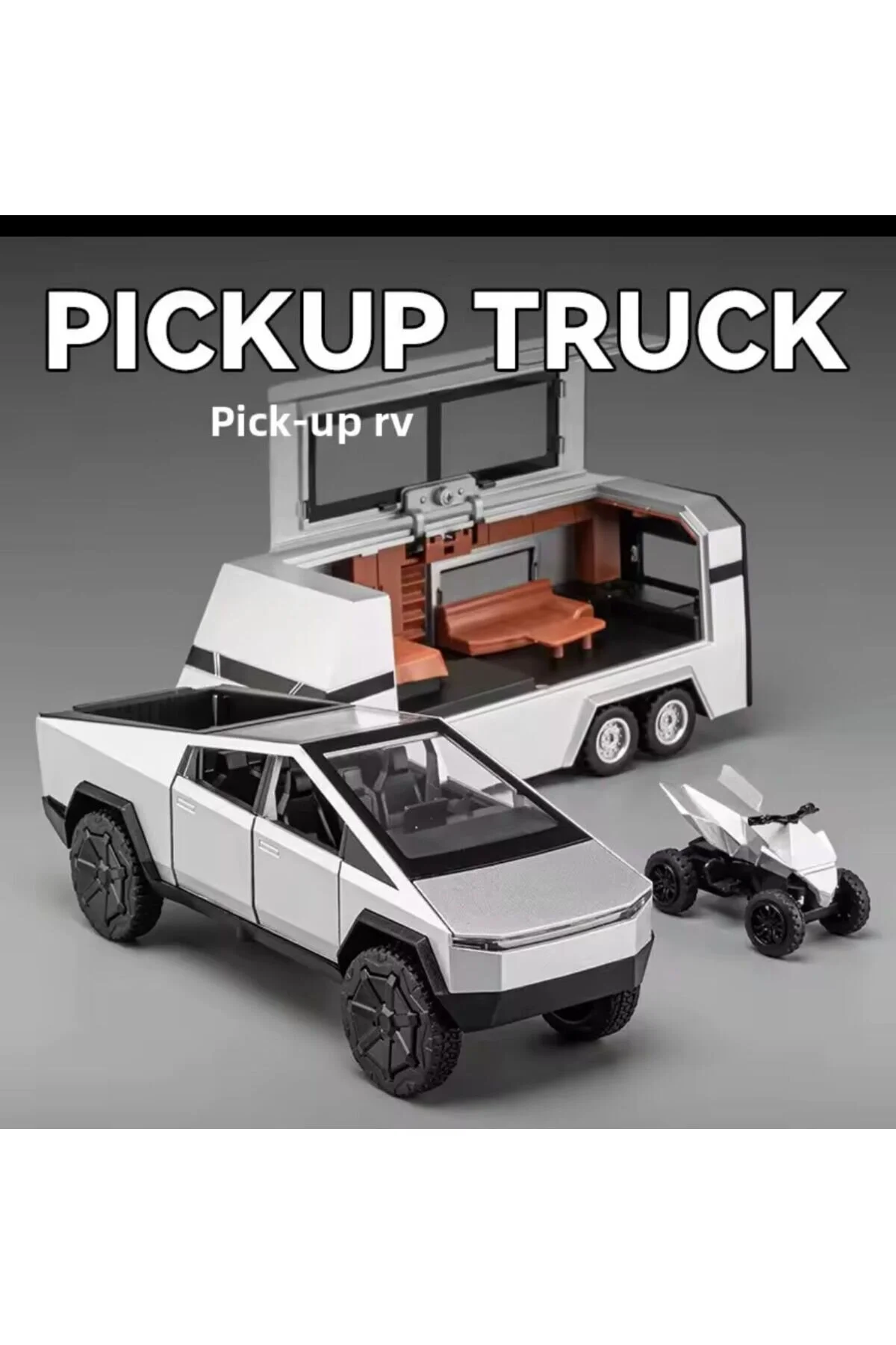 ماشین اسباب بازی TOY TESLA CYBERTRUCK SOUND AND LIGHT CARAVAN 1:32 DOOR TRUNK METAL OPENABLE afreyz oyuncak