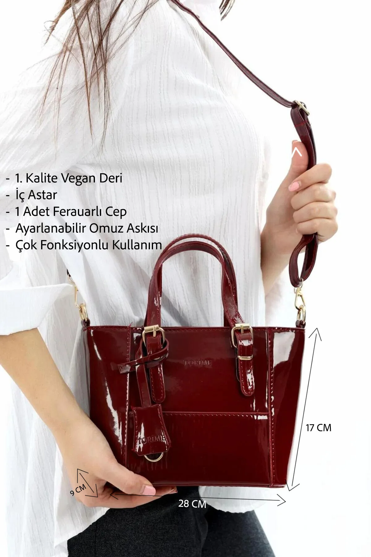 کیف شانه ای زنانه و کراس بادی سایز متوسط ​​CLARET RED PATENT LEATHER – شیک وگان استفاده روزانه torime