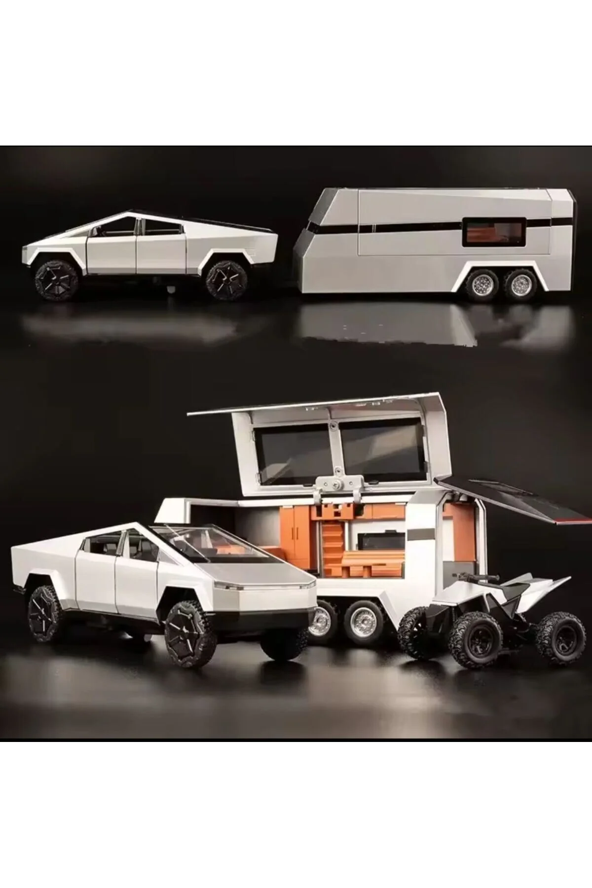 ماشین اسباب بازی TOY TESLA CYBERTRUCK SOUND AND LIGHT CARAVAN 1:32 DOOR TRUNK METAL OPENABLE afreyz oyuncak