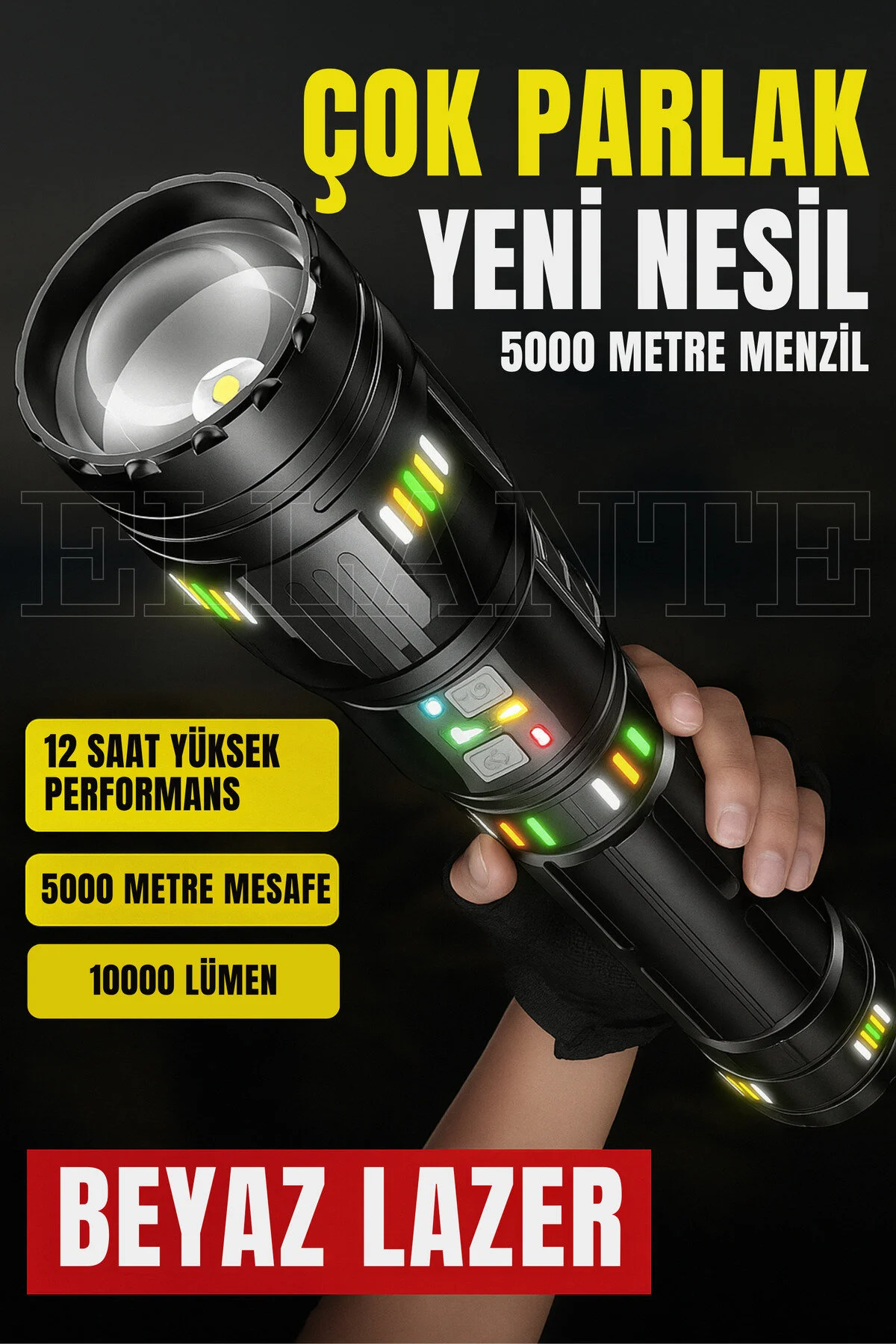 چراغ قوه 10 000 قدرت قدرتمند لومن بالا LED تاکتیکی قابل شارژ ellante