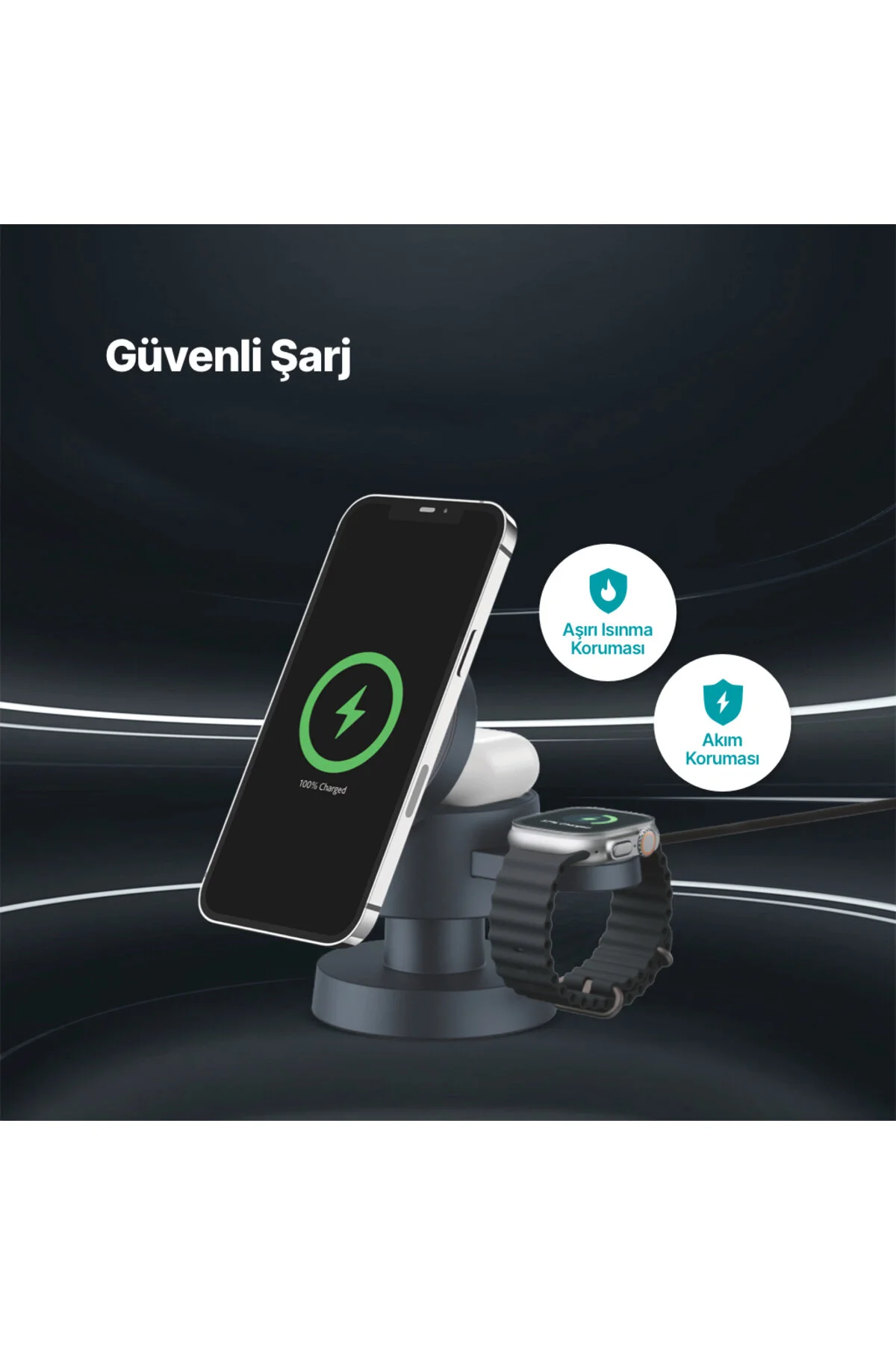 شارژر بی سیم AIRCHARGER MAGSAFE سازگار با آیفون+APPLE WATCH+AIRPODS LED LIGHT WIRELESS STAND Ttec