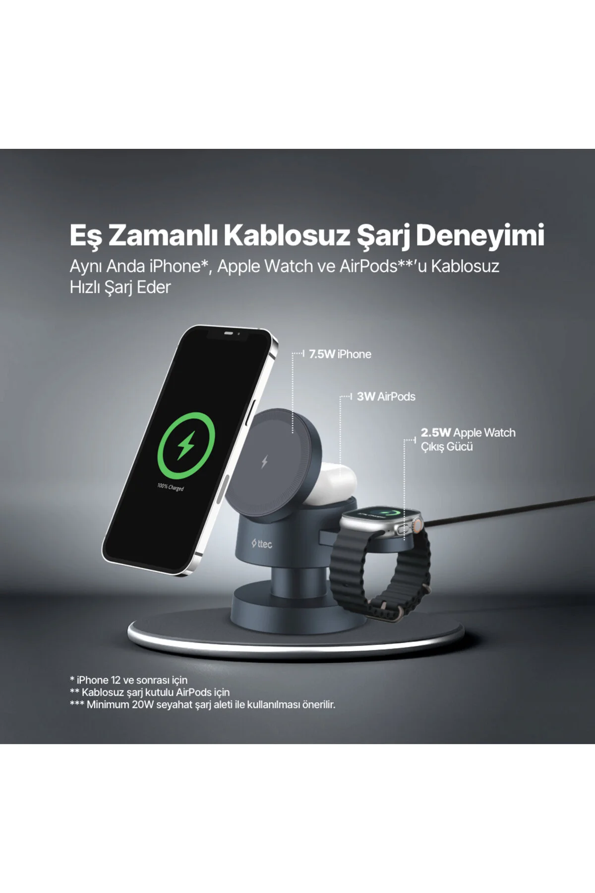 شارژر بی سیم AIRCHARGER MAGSAFE سازگار با آیفون+APPLE WATCH+AIRPODS LED LIGHT WIRELESS STAND Ttec