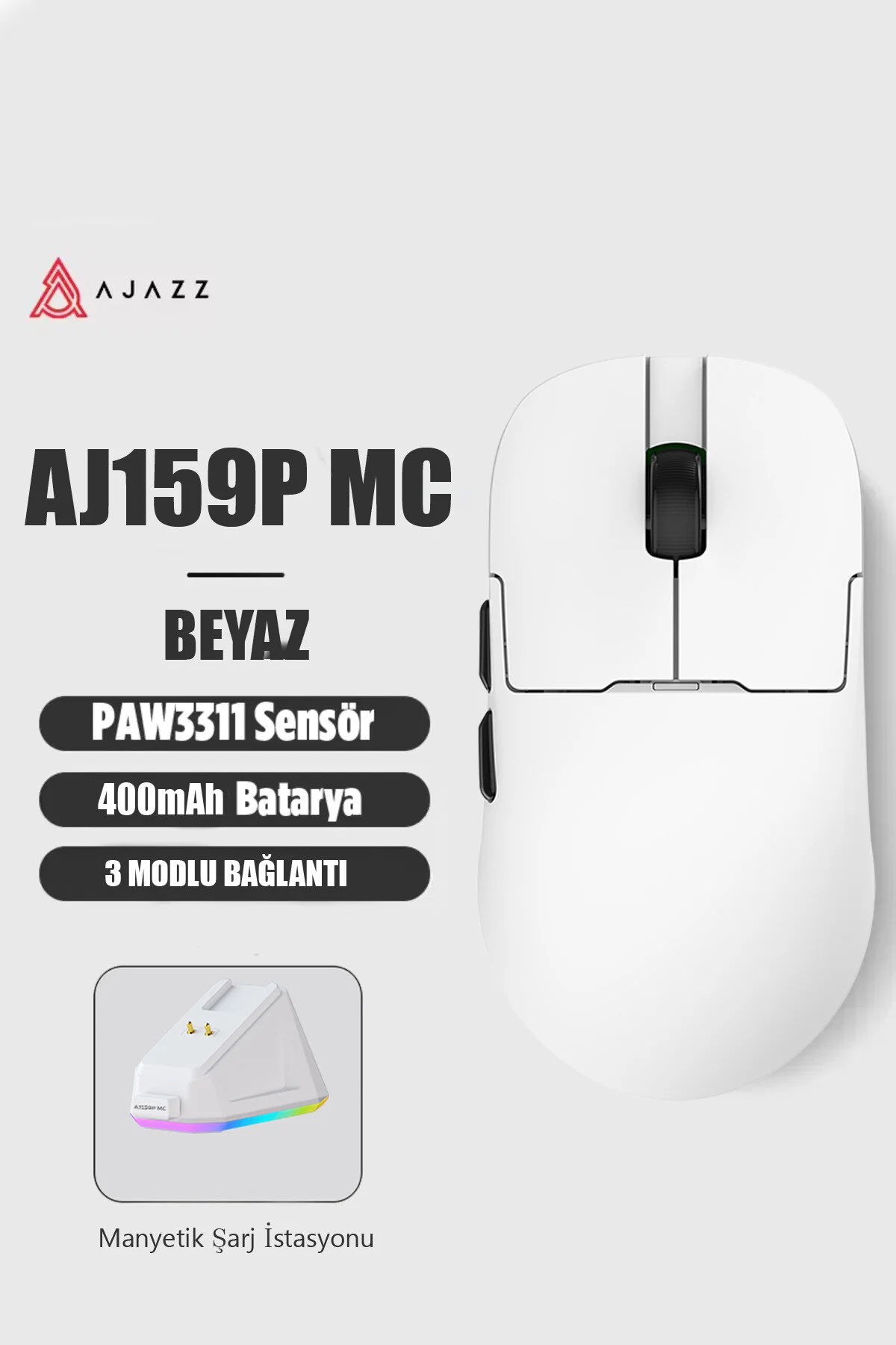 ماوس مخصوص بازی MC 3 حالت 1000HZ 12.000 DPI ایستگاه شارژ مغناطیسی PAW سنسور نوری Ajazz