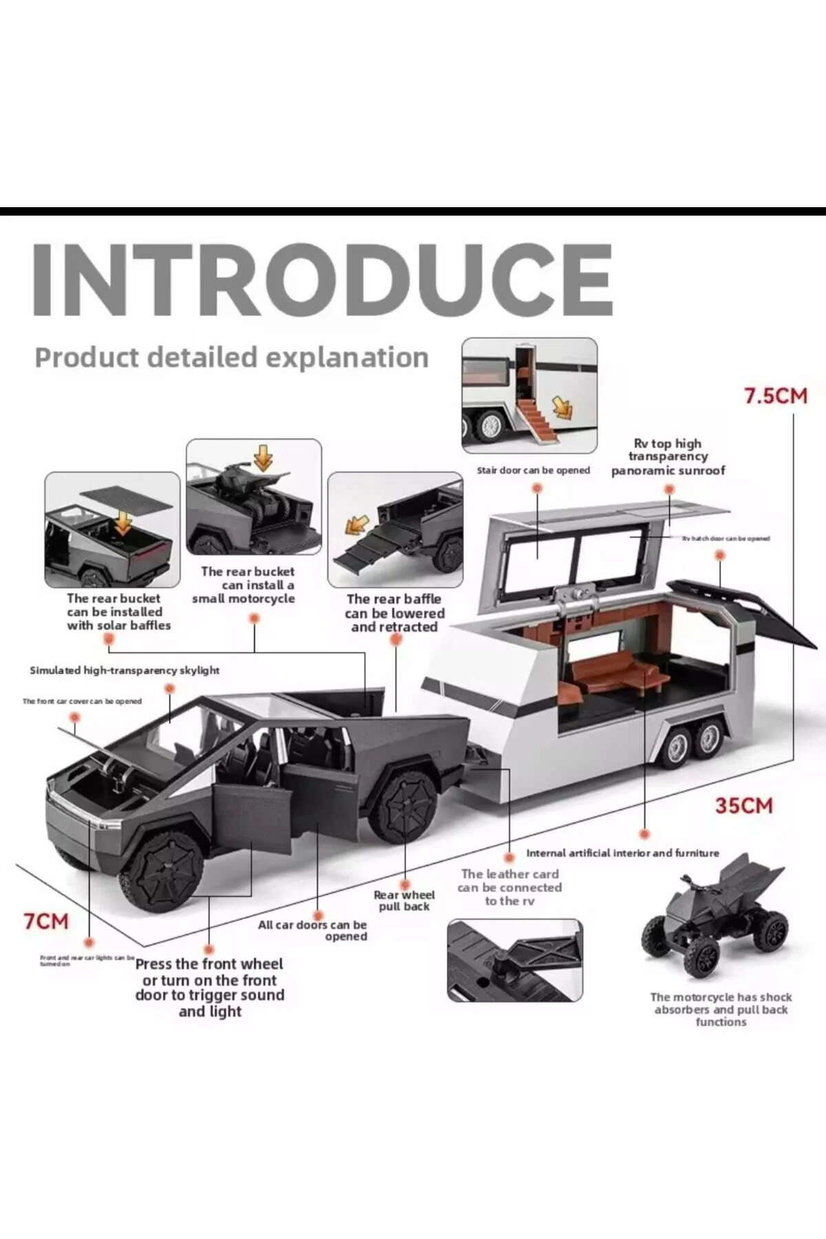 ماشین اسباب بازی TOY TESLA CYBERTRUCK SOUND AND LIGHT CARAVAN 1:32 DOOR TRUNK METAL OPENABLE afreyz oyuncak