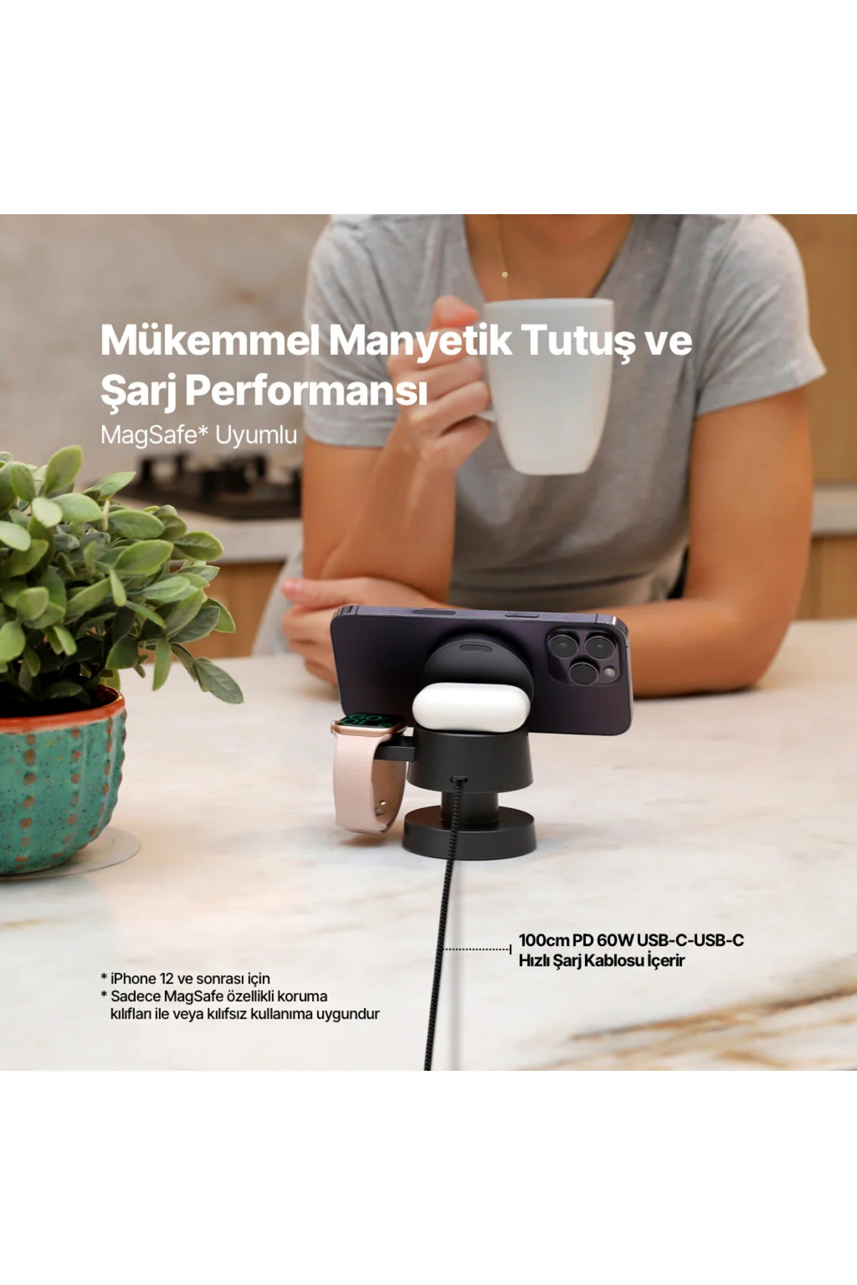شارژر بی سیم AIRCHARGER MAGSAFE سازگار با آیفون+APPLE WATCH+AIRPODS LED LIGHT WIRELESS STAND Ttec