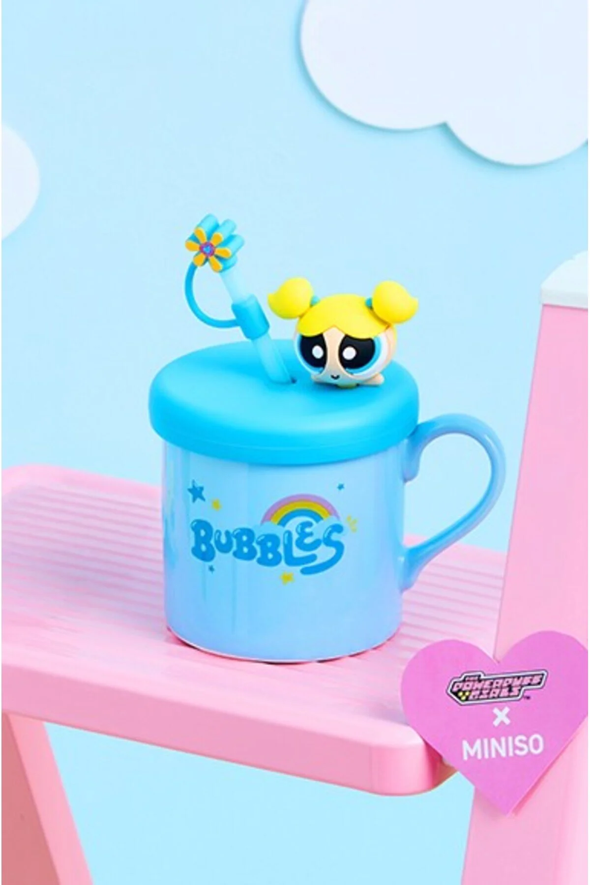 ماگ لیوان سرامیکی 450 میلی لیتری POWERPUFF GIRLS دارای مجوز با تزئینات و نی حباب Miniso