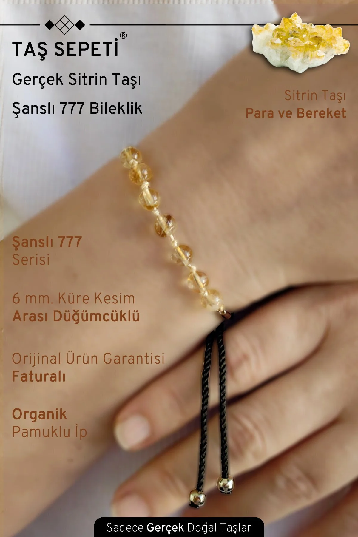 دستبند فشن خوش شانس 777 سری لاکی واقعی سنگ طبیعی سیترین یونیسکس TAŞ SEPETİ
