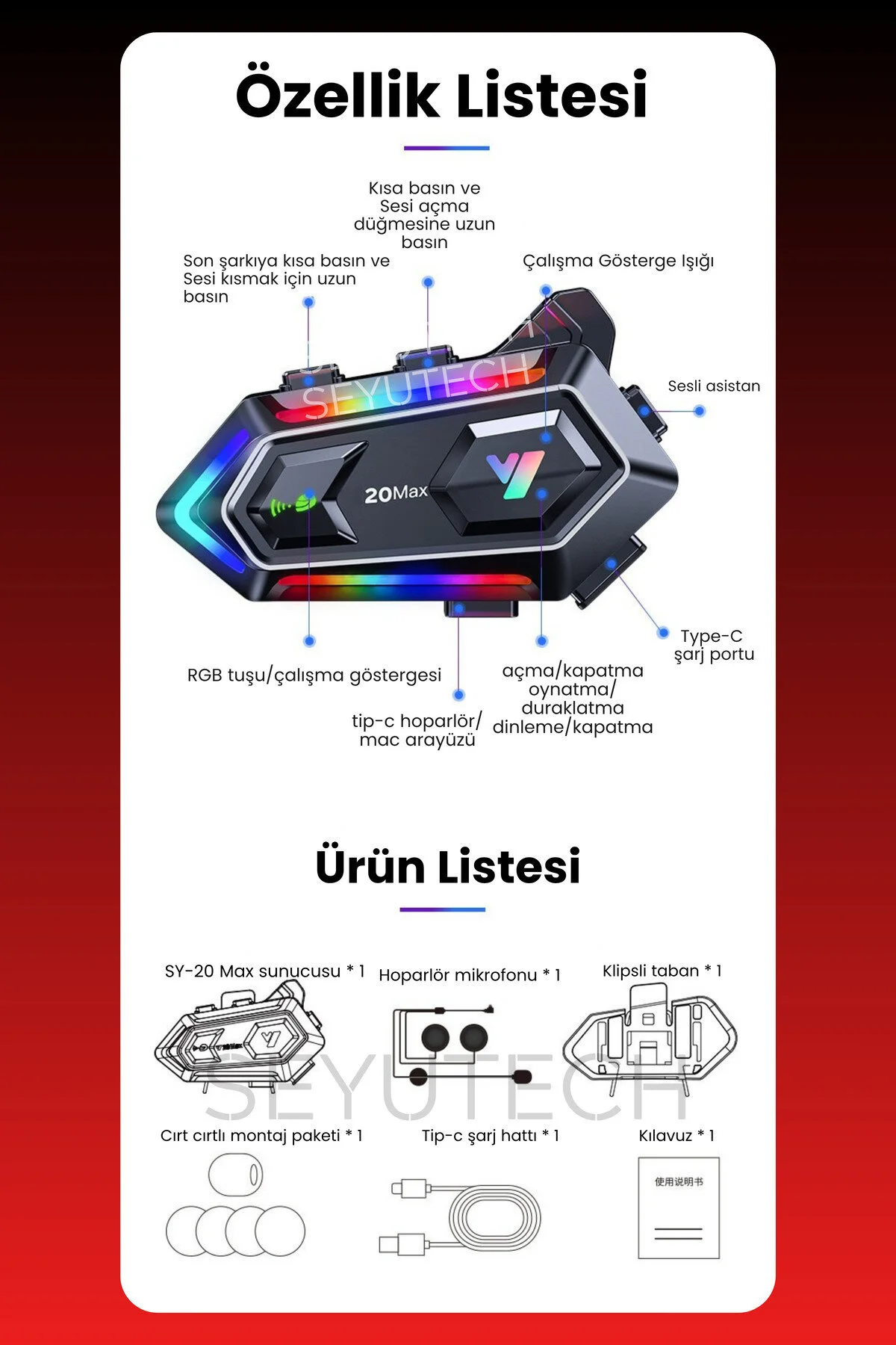 اینترکام ویژگی رادیویی SY 20 MAX 5.3 هدست کلاه ایمنی موتور سیکلت رابط سبک RGB SEYUTECH