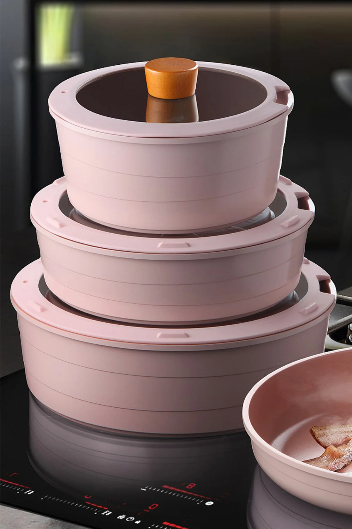 قابلمه صورتی ست Midas Pink 11 قطعه جدایی با ساقه ها می تواند مجموعه تابه گلدان القایی را منتقل کند  NEOFLAM