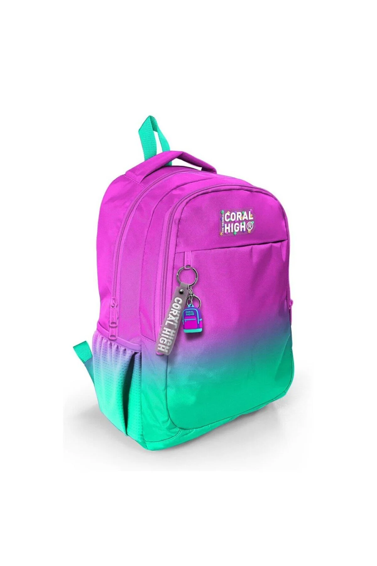 کیف مدرسه کوله پشتی 23664 رنگ صورتی آبی سبز انتقالی سه محفظه Coral High