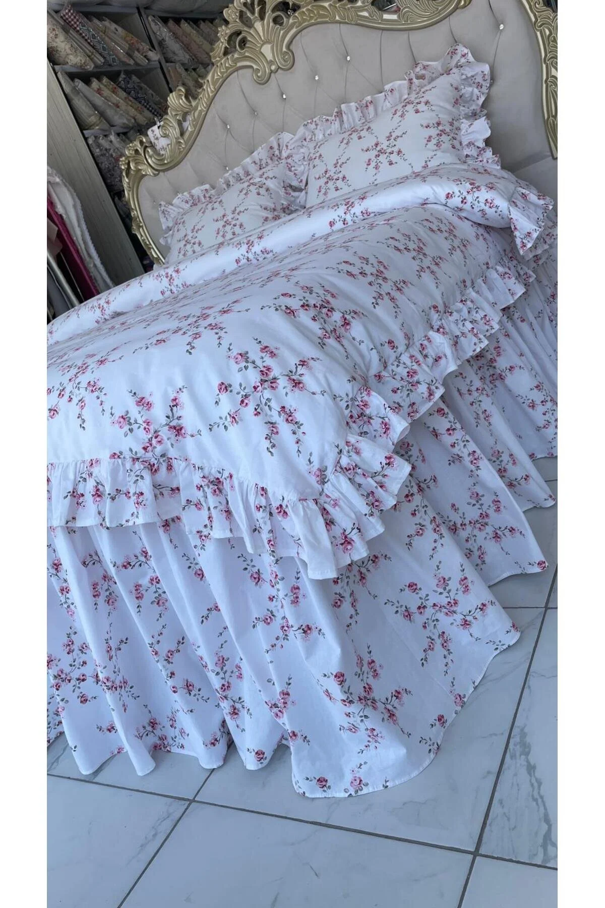 ست ملحفه دو نفره برابر لاستیک لاستیکی 160X200 سانتی متر لحاف و 2 مورد بالش RUFFLE AHSEN TASARIM