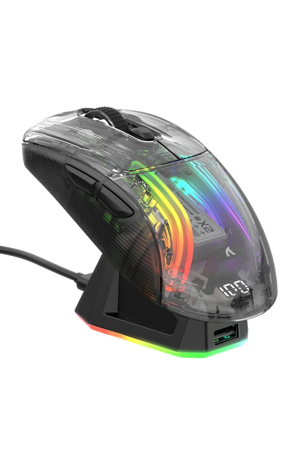 ماوس مخصوص بازی حمله به کوسه X2 PRO سیاه شفاف ایستگاه شارژ بی سیم 3 حالت اتصال RGB DPI EverBox