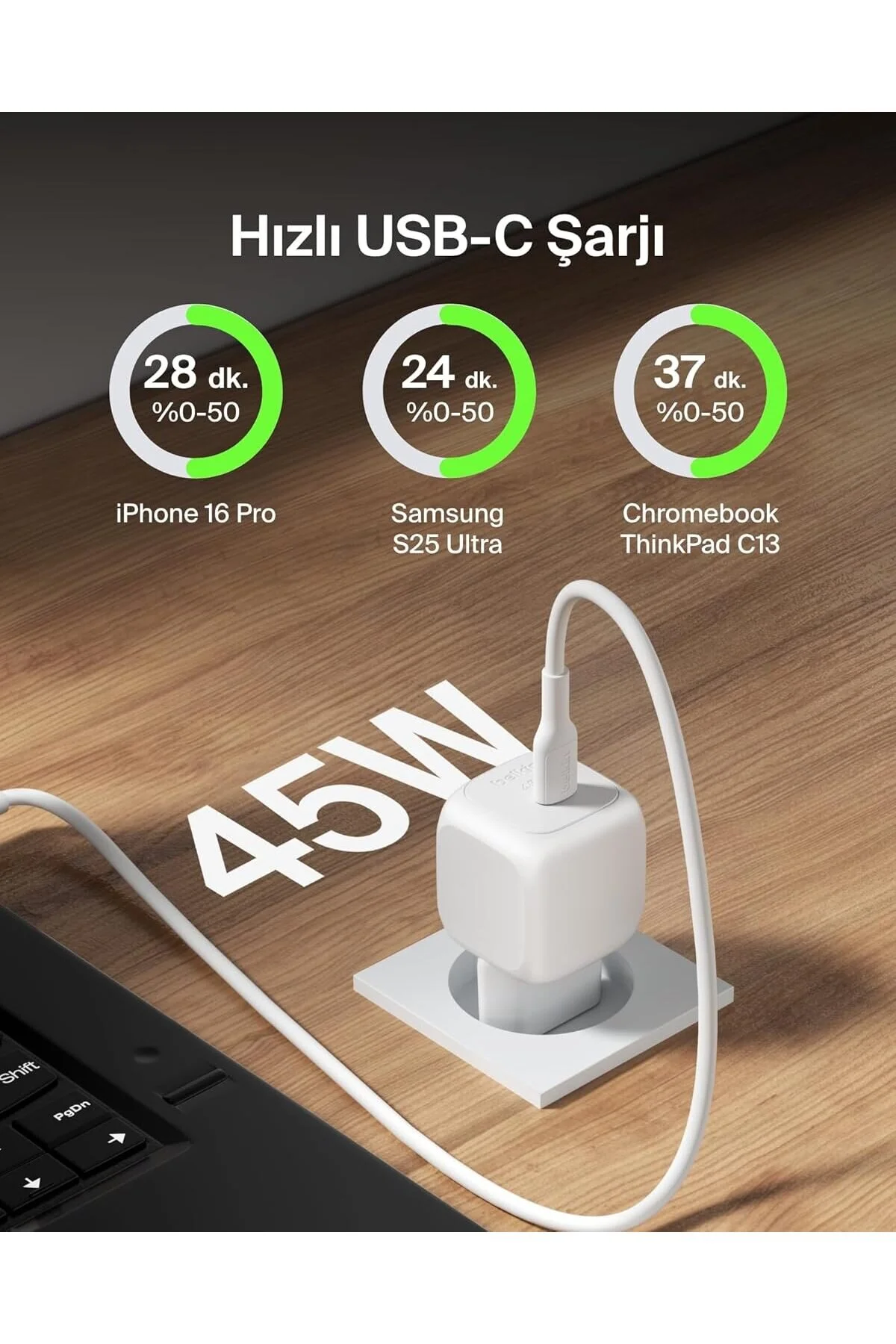 آداپتور شارژ دستگاه سریع جمع و جور 45 W + USB C کابل سفید Belkin