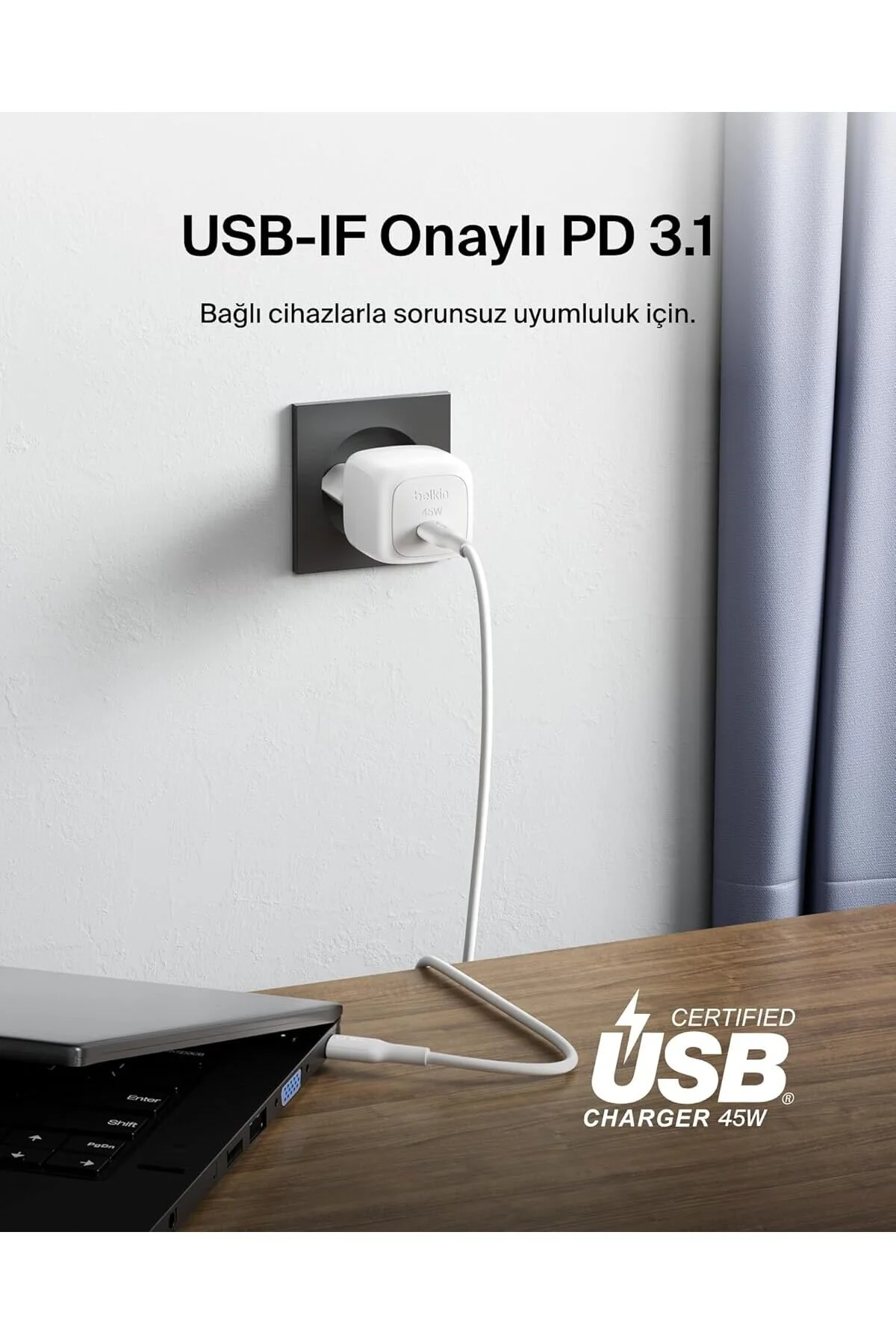 آداپتور شارژ دستگاه سریع جمع و جور 45 W + USB C کابل سفید Belkin