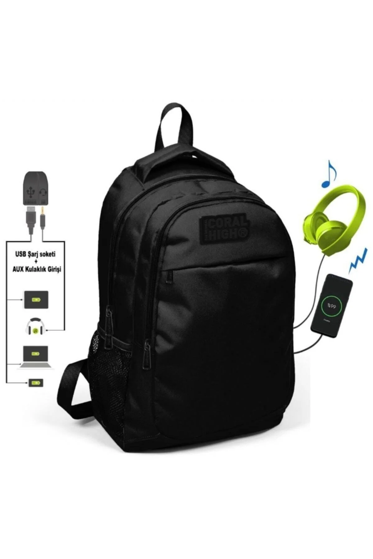 کیف مدرسه کوله پشتی مشکی مدارس ابتدایی و متوسطه با خروجی USB AUX Coral High