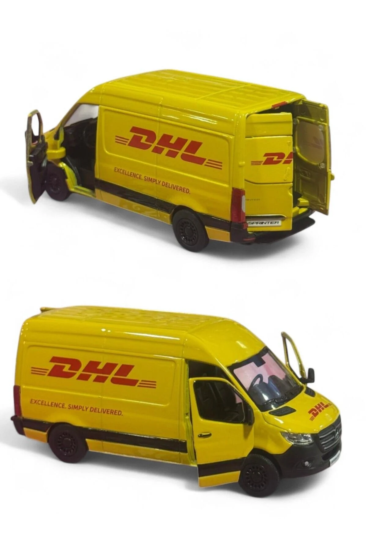 مدل خودرو PULL DROP DIECAST MODEL CAR 10 CM MERCEDES SPRINTER CARGO DHL WITH METAL REPENABLE DOORS اورجینال TRUST STORE