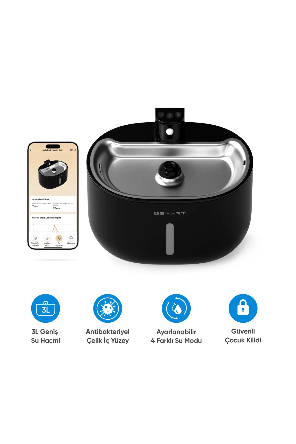 ظرف آب و غذای گربه سگ سیاه وغذای ظرفیت Pet Perhyr 3L فیلتر کنترل شده Wi Fi  Şımart