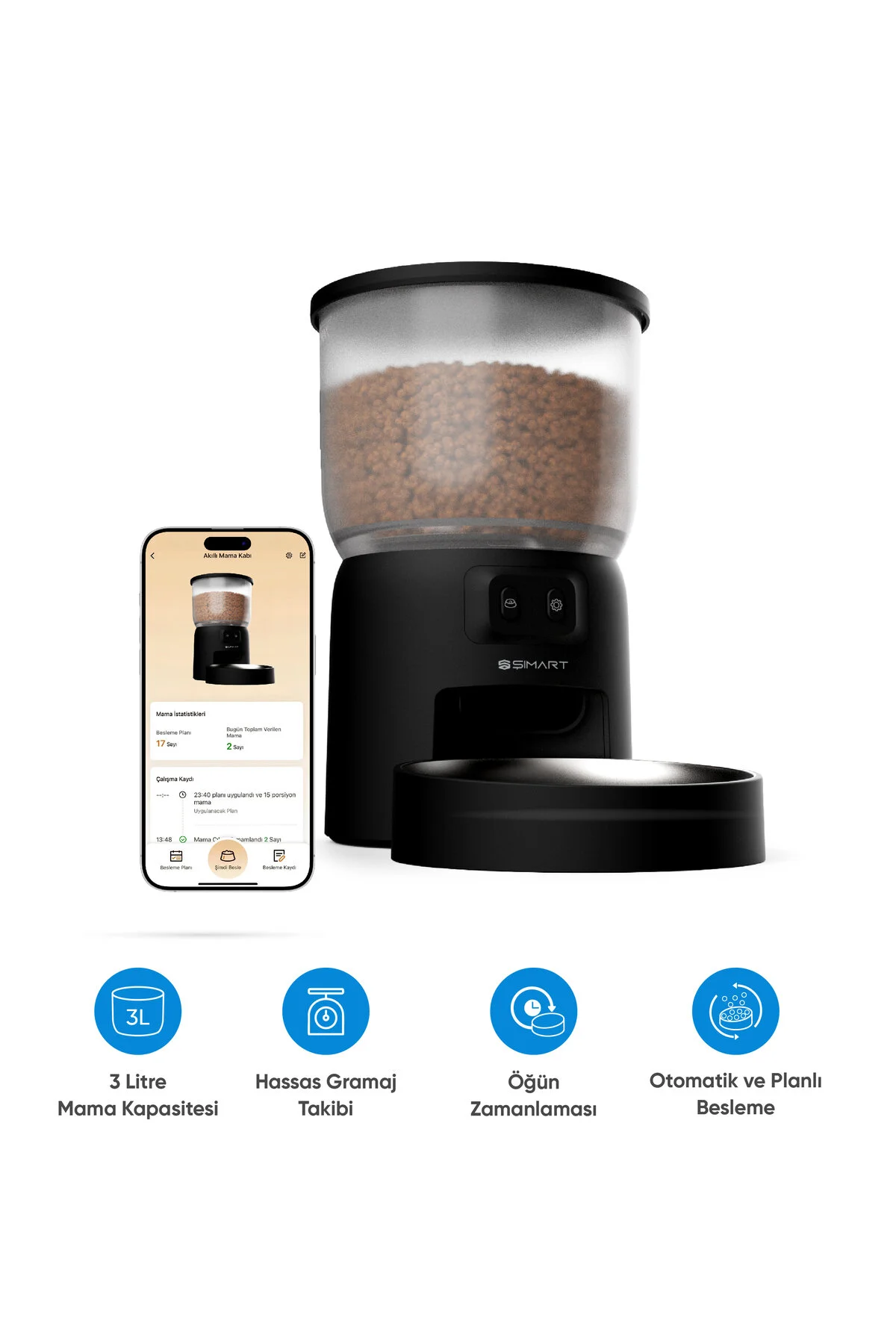ظرف آب و غذای گربه سگ سیاه وغذای مواد غذایی هوشمند با ظرفیت 3L Wi Fi کنترل خودکار  Şımart