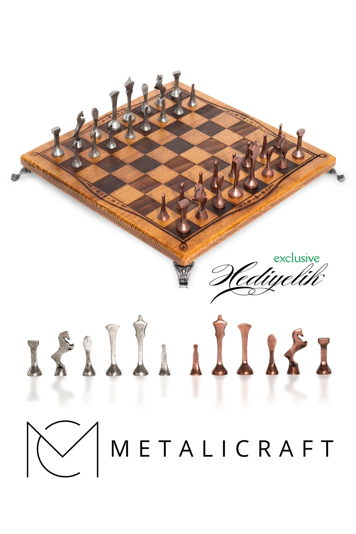 شطرنج ست فلزی MC55 | تخته چوب راش واقعی 30X30CM سنگ های باستانی Metalicraft