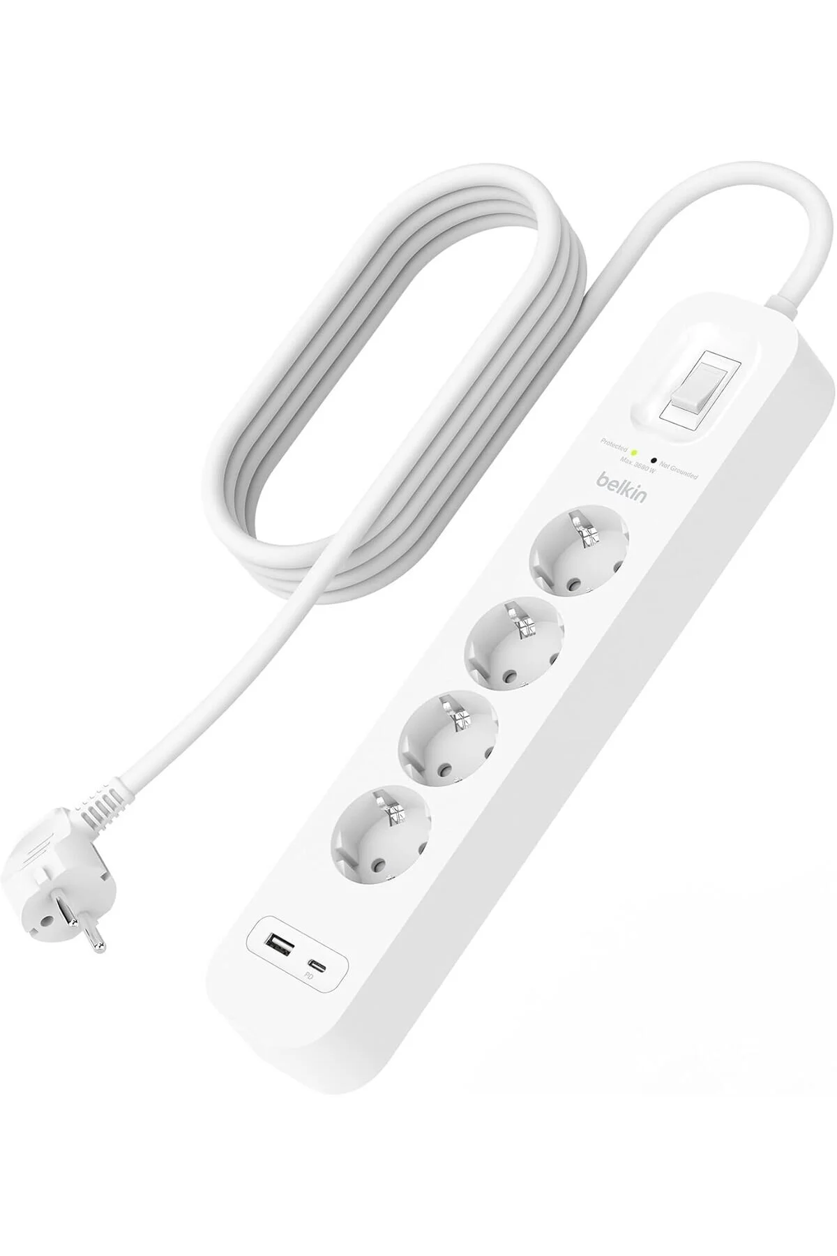 کابل تمدید پریز گروهی حفاظت از ولتاژ 4 چند سوکت USB C PD برای شارژ سریع و A Belkin