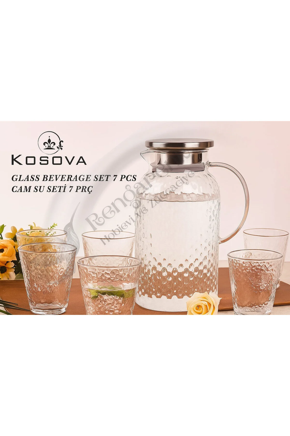 پارچ و تنگ 7 قطعه آب شیشه ای با الگوی قطره 1 کوزه + 6 فنجان Kosova