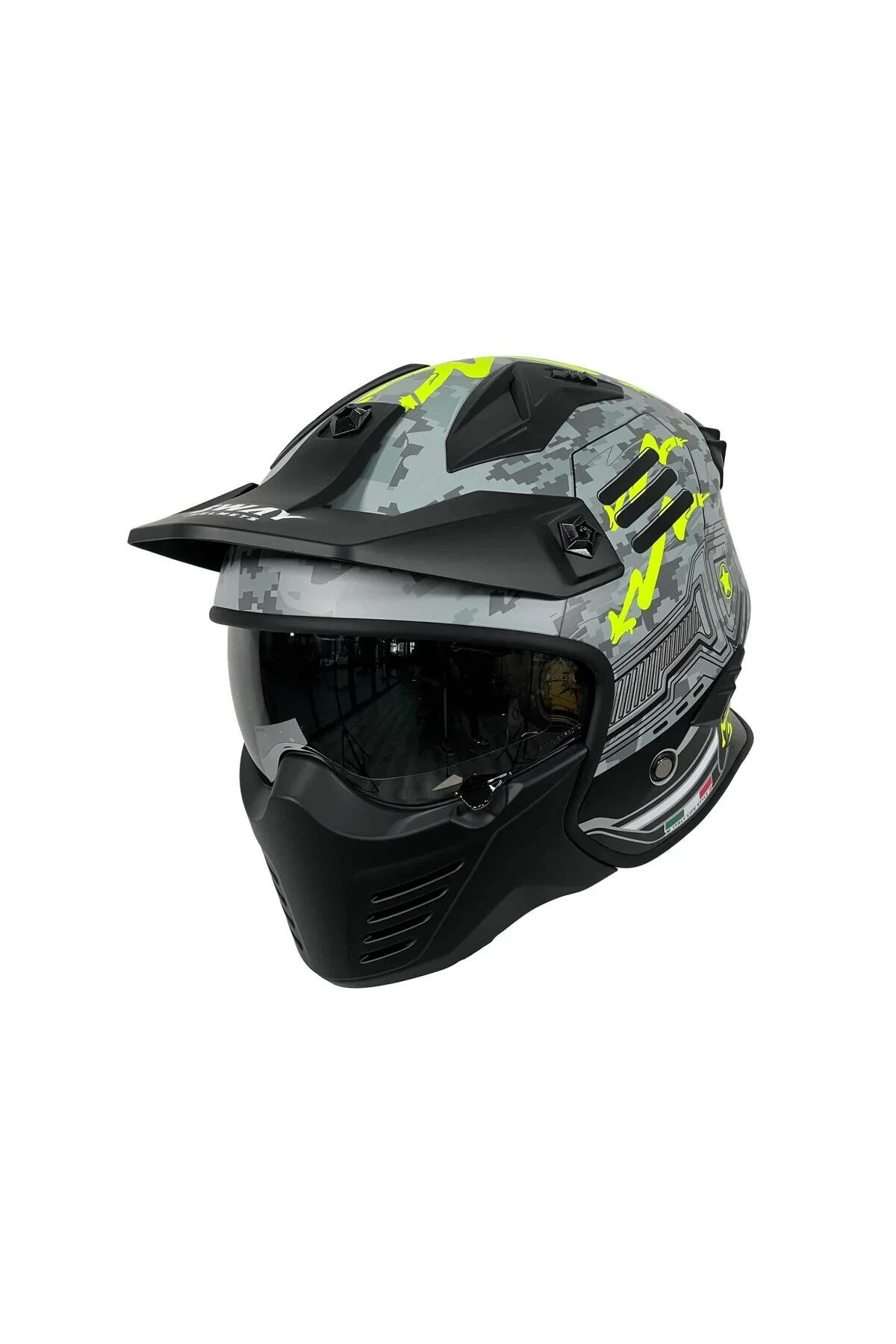 کلاه کاسکت موتورسیکلت X2 TOKYO TROOPER MODULAR FLIT MOTORCYCLE با اندازه 2XL رنگ زرد خاکستری متفاوت بوده است Sway