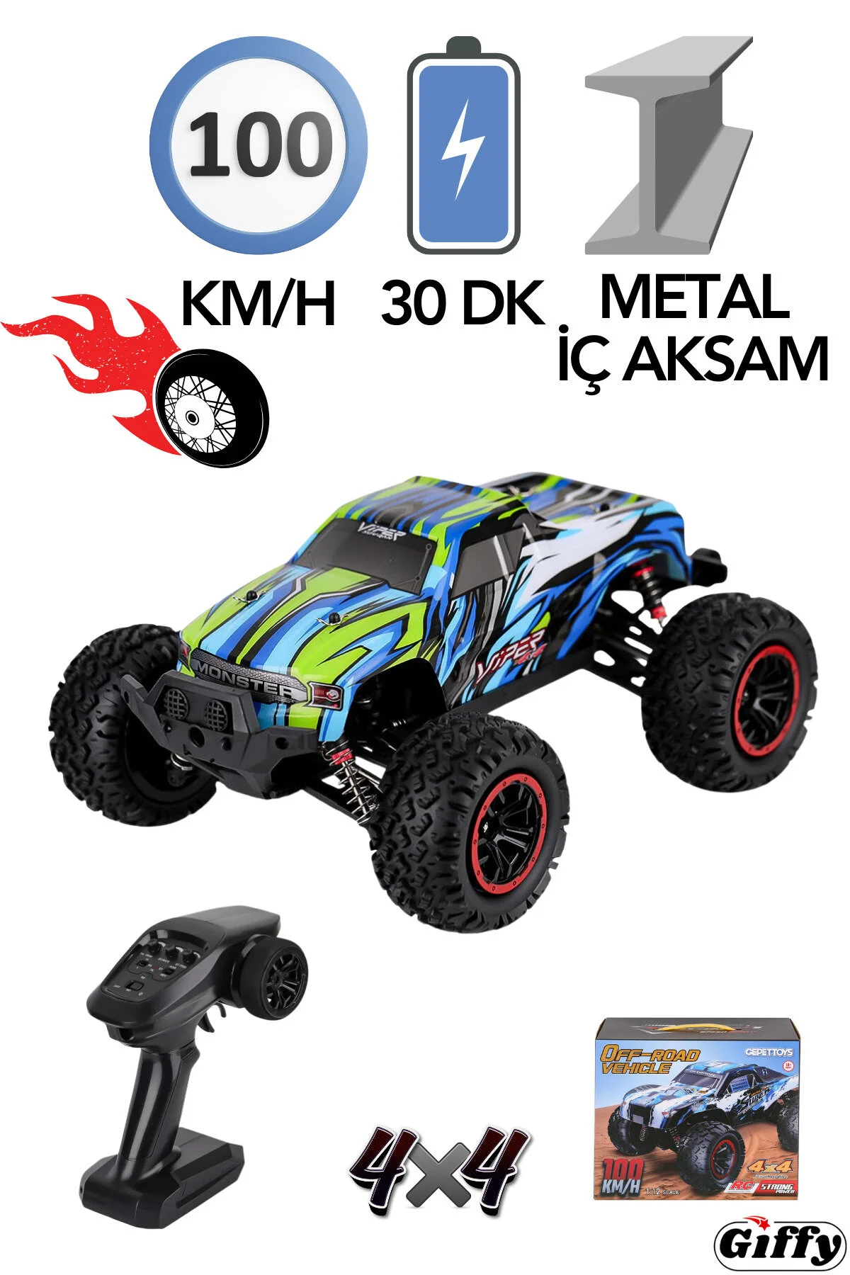 100 کیلومتر سرعت ماشین کنترل از راه دور براشلس اسباب بازی OFF ROAD 4X4 قابل شارژ در مقیاس 1:12 خارج جاده ترکیه giffy