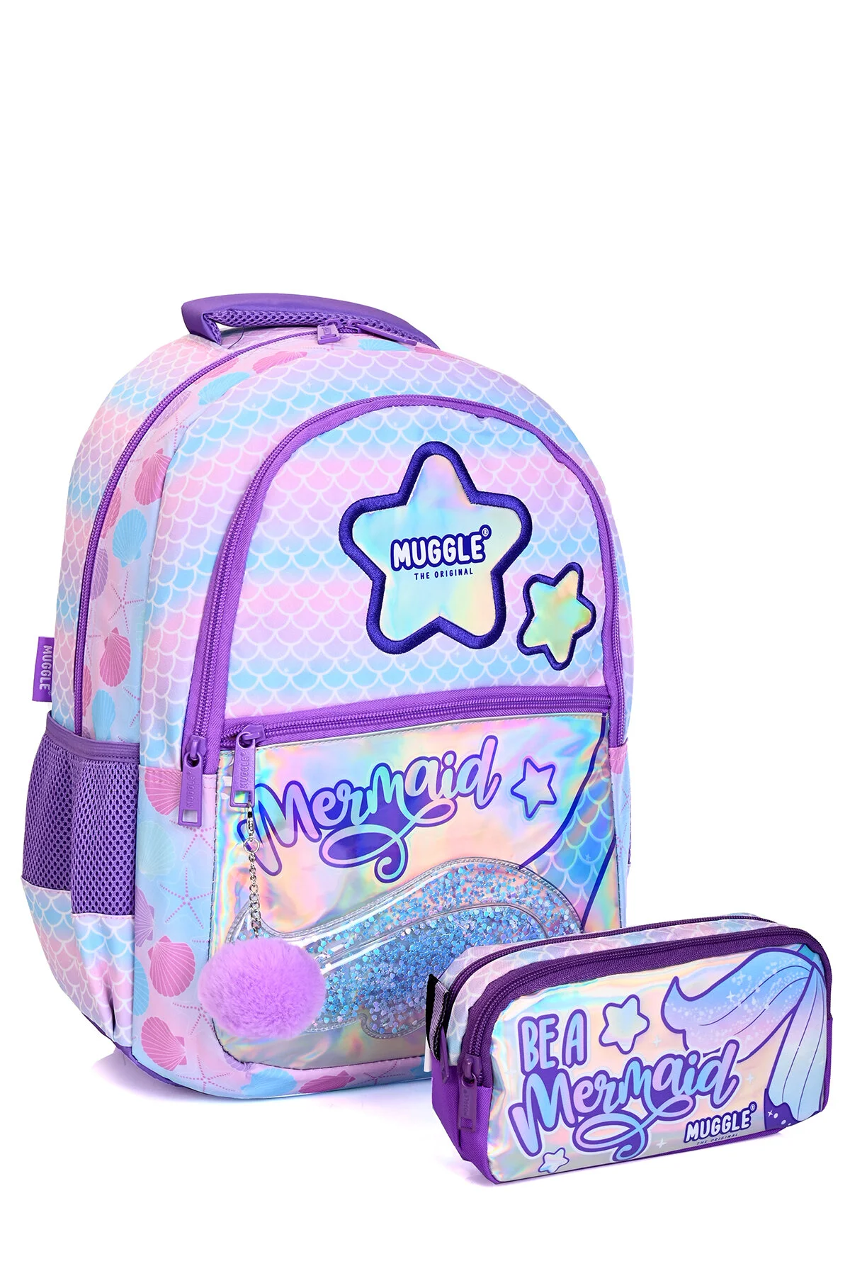 کیف مدرسه زنانه MU BAG و مجموعه نگهدارنده پری دریایی | کوله پشتی صورتی بنفش درخشان MUGGLE
