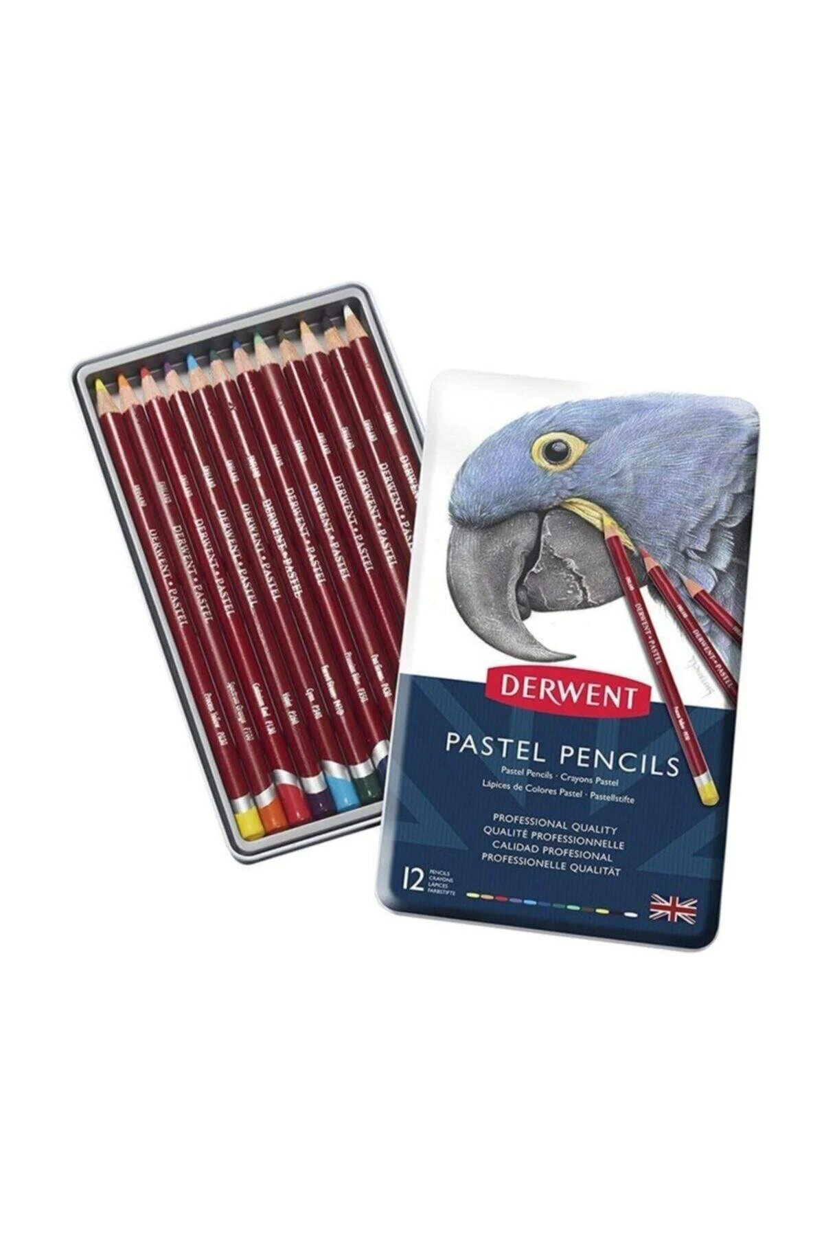 مداد شمعی پاستل قرمز مردانه و زنانه رنگی جعبه قلع Pasel 12 Pencil  Derwent