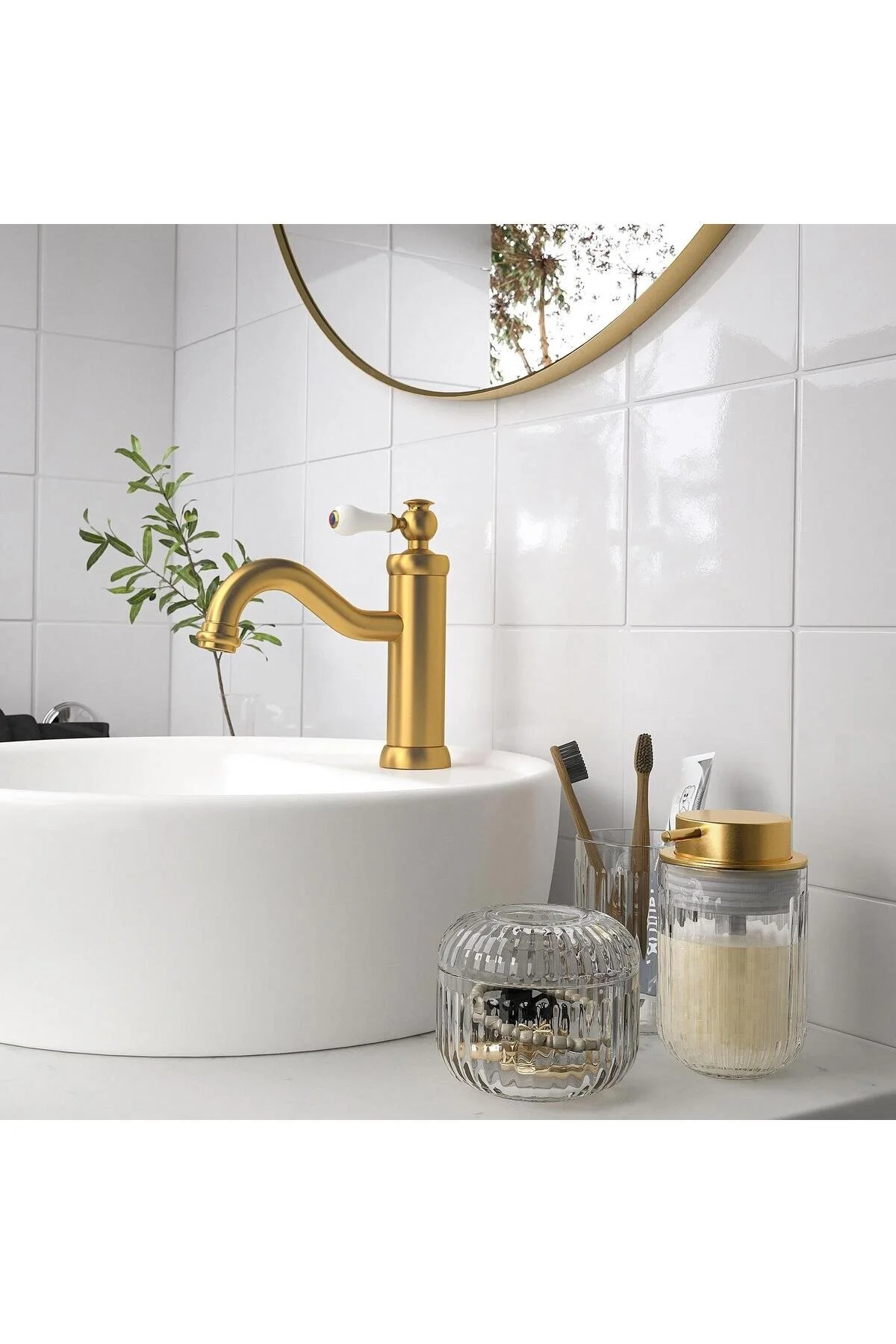 ست حمام طلایی سرویس بهداشتی 3 لیتر صابون مجموعه شیشه ای مایع جعبه مسواک  IKEA