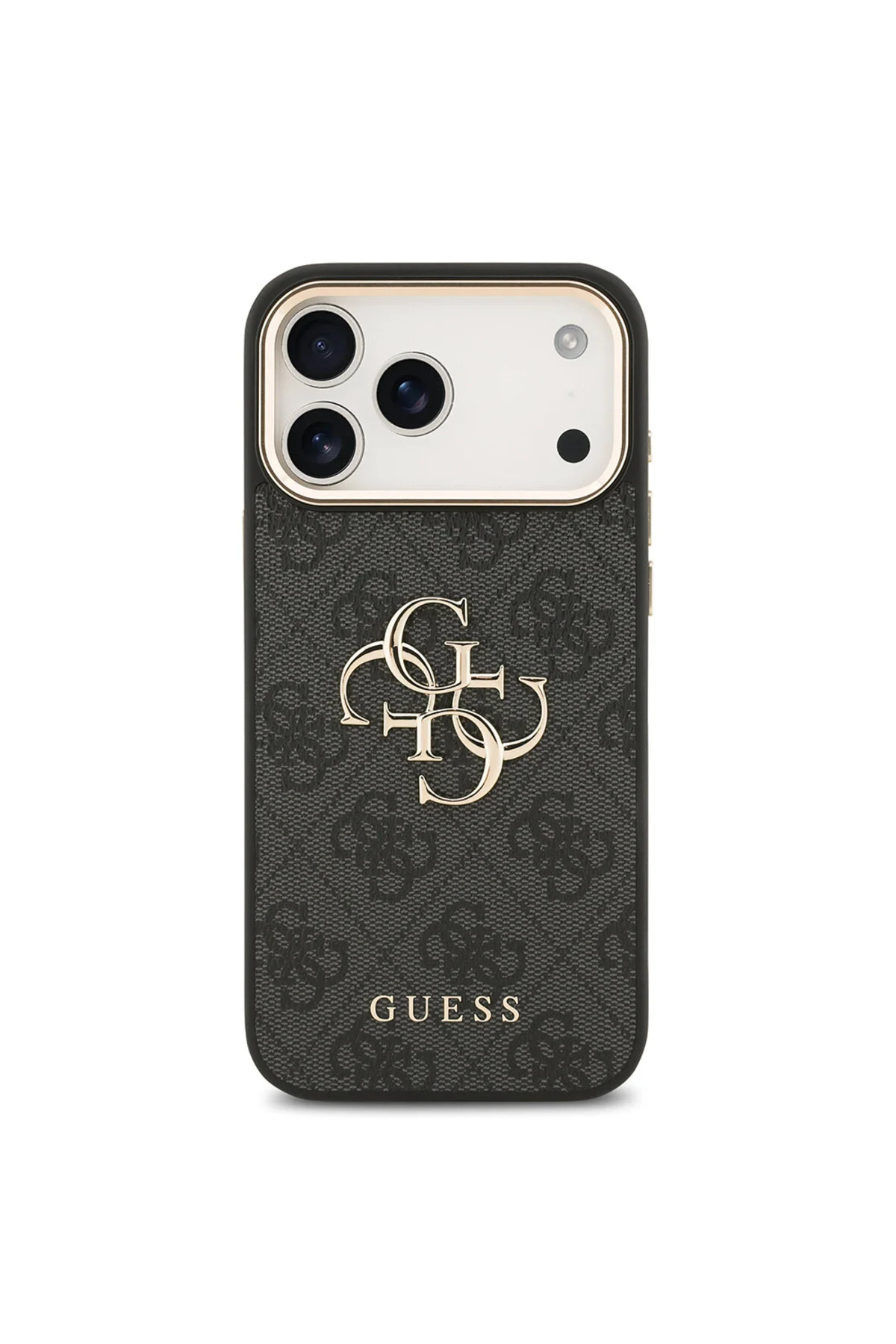 کاور و قاب مشکی آیفون 17 پرو مکس با دوربین فلزی طلایی لوگوی متنی بزرگ 4G Guess