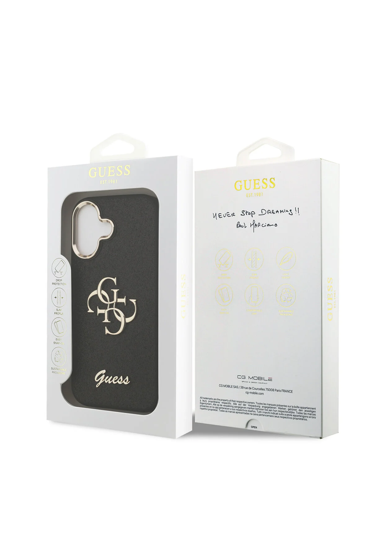 کاور و قاب محافظ آیفون 17 دارای مجوز 4G GLITTER با دوربین فلزی بزرگ لوگوی مشکی Guess