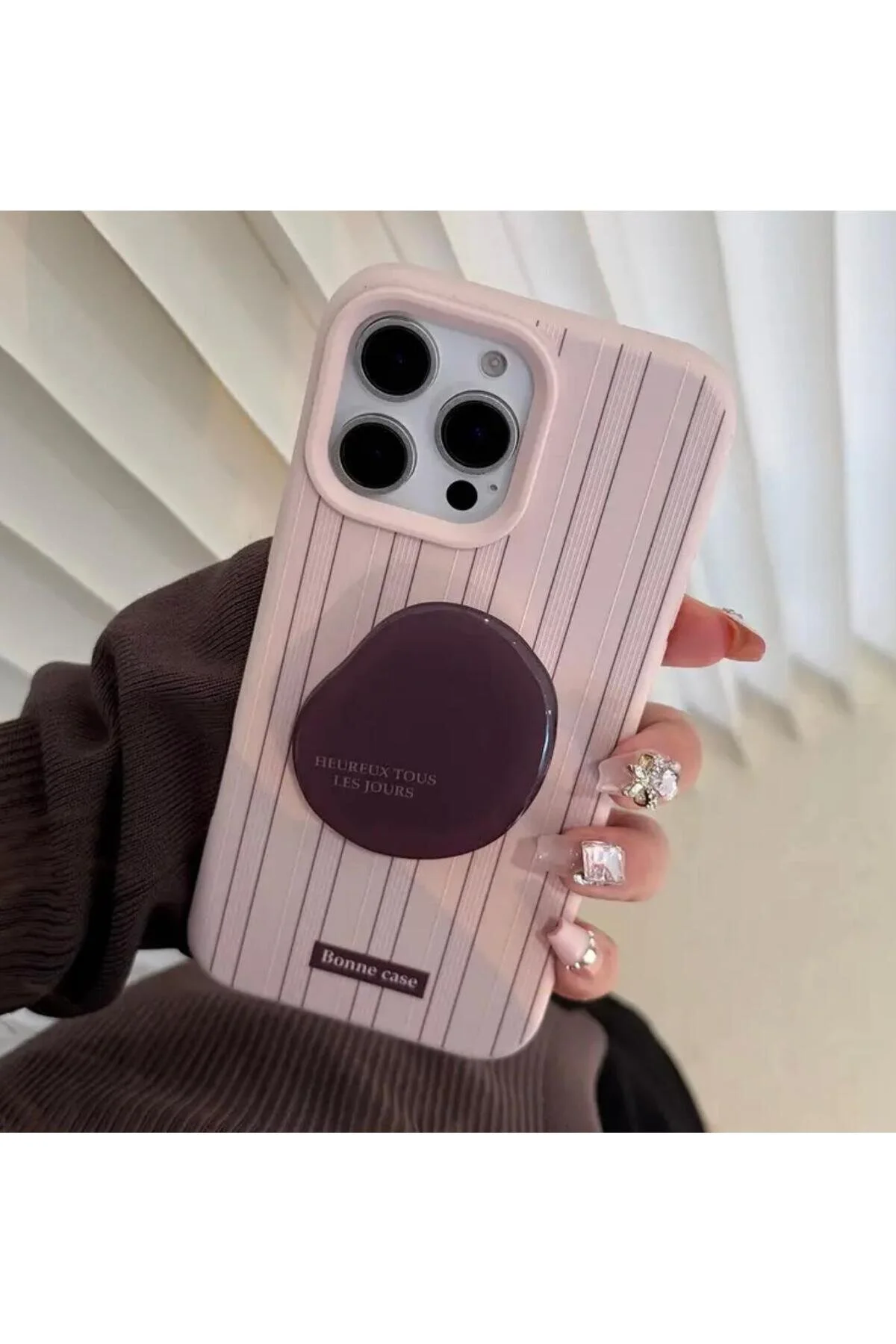 کاور و قاب IPHONE12PROMAXقفسه تلفن قهوه‌ای پینک با نوار قهوه Burroe Atalier