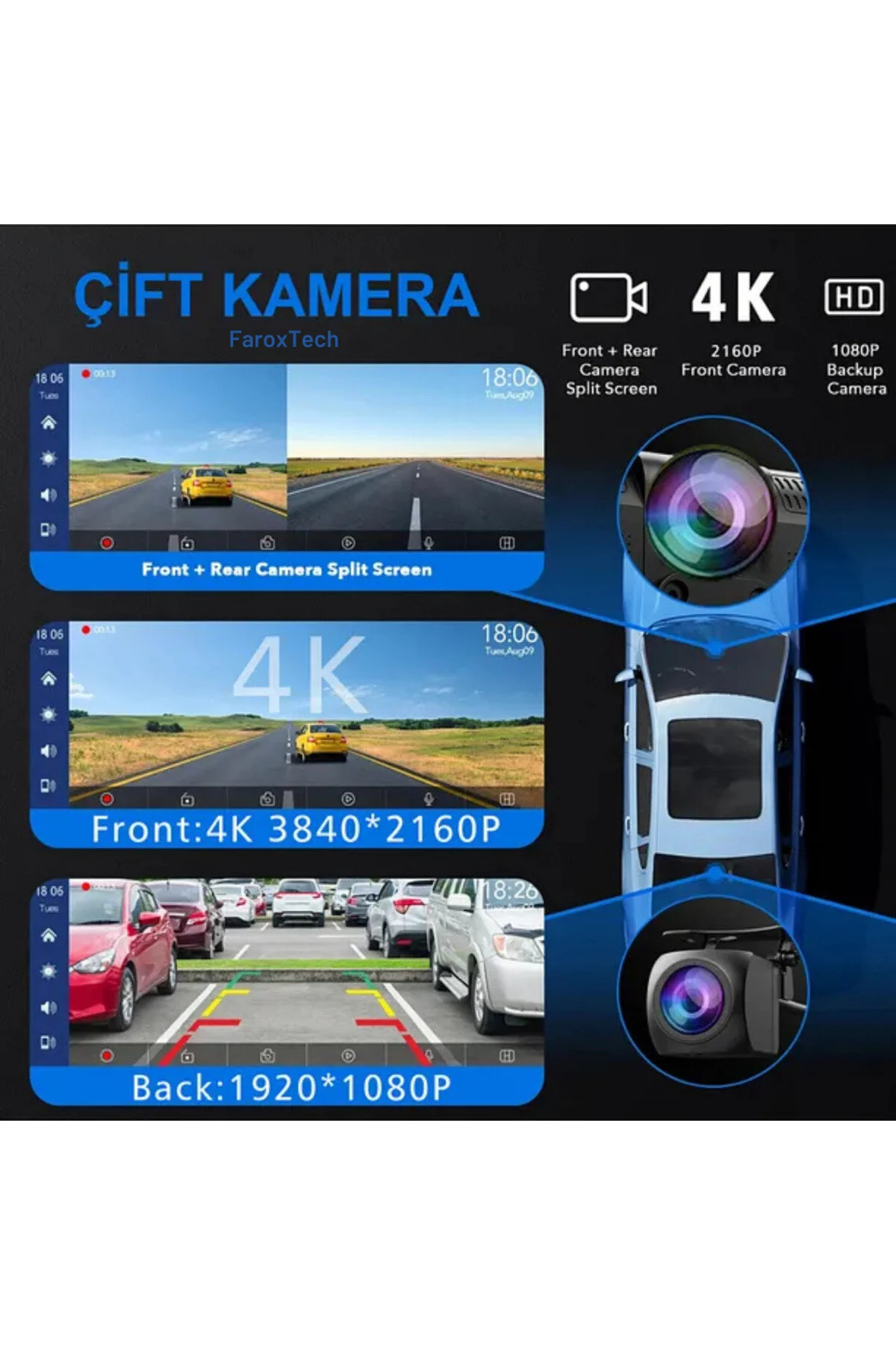دوربین داشبورد لنز چرخشی UHD 4K 360 درجه حالت داخلی خارجی با میکروفون FaroxTech