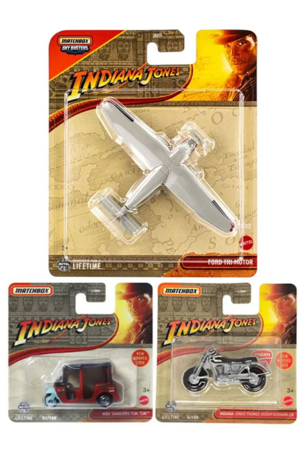 هلیکوپتر و هواپیمای اسباب بازی MATCHBOX 3 VEHICLE INDIANA JONES SET FORD TRI MOTOR & DUCATI SCRAMBLER MBX TANGERS TUK 1 64 HOT WHEELS