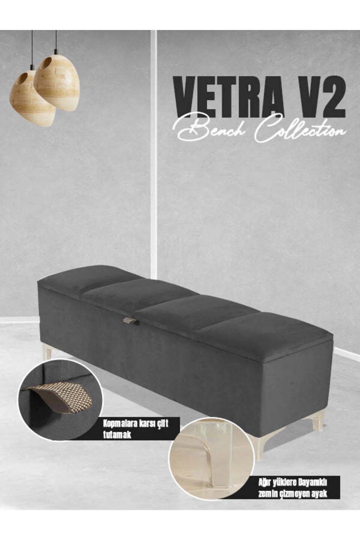 پاف و نیمکت VETRA V2 PUFF مدل خاکستری قطعه شده پف انتهای تختخواب با بانک قفسه سینه Gazzini furniture