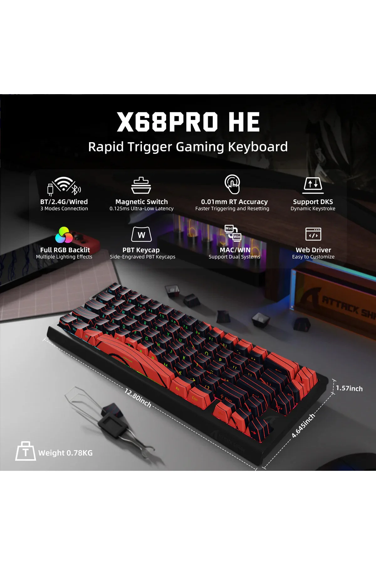 کیبورد مخصوص بازی X68PRO HE RGB 8000HZ TAP 0.01MM صفحه کلید سوئیچ مغناطیسی Attack Shark