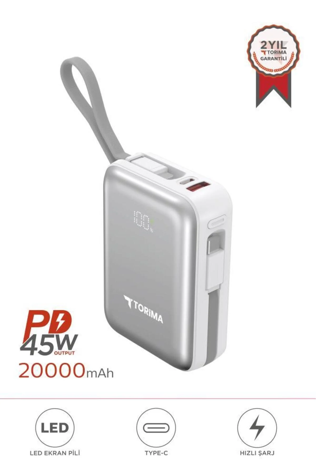 پاوربانک شارژ سریع 45 واتی لایتنینگ TYPE C 20000 میلی آمپری TRM 1028 سفید با نشانگر دیجیتال اورجینال Torima