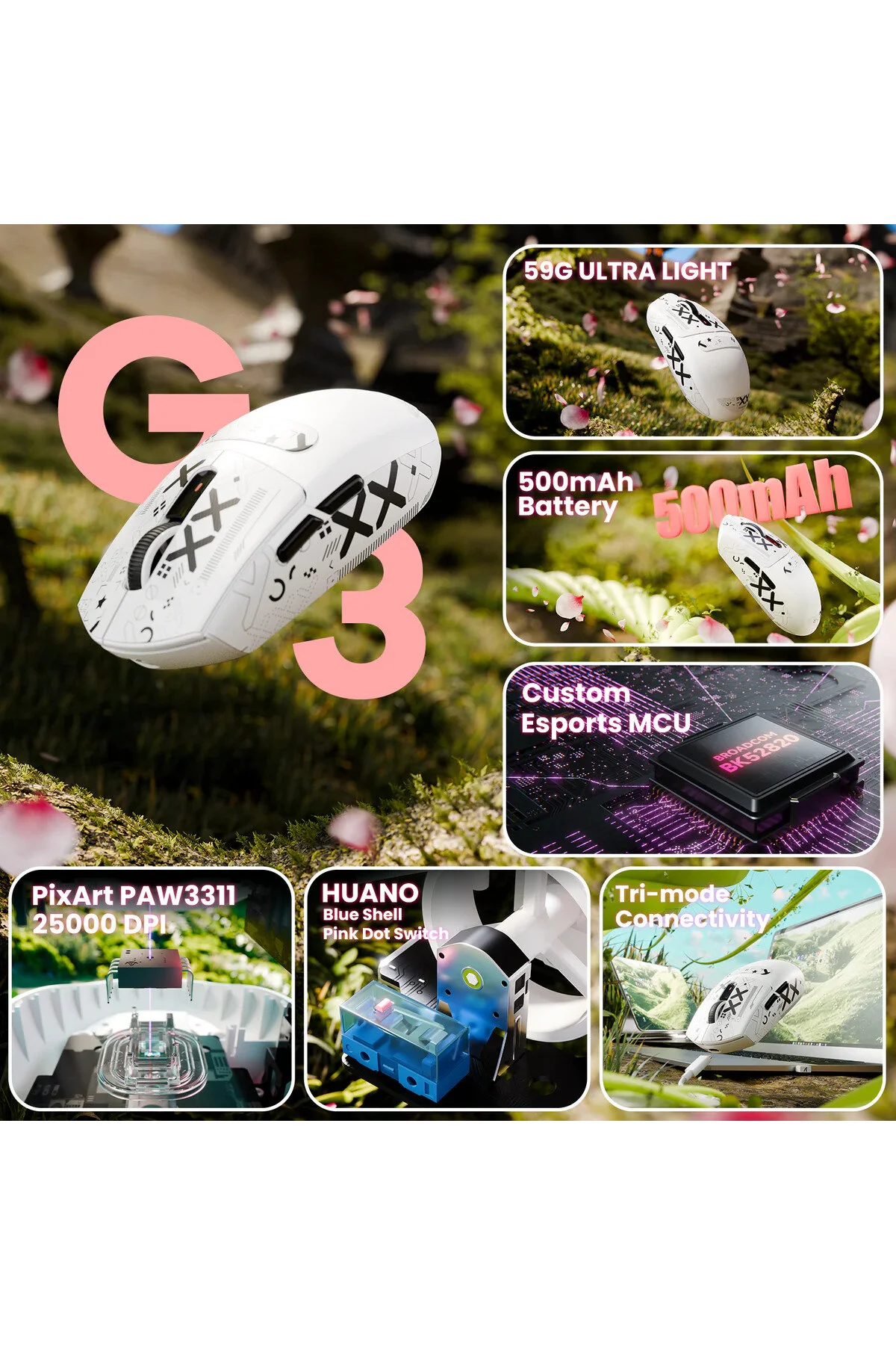 ماوس مخصوص بازی G3 PRO DPI ULTRA LIGHT PAW3311 پخش کننده بی سیم با 3 حالت Attack Shark