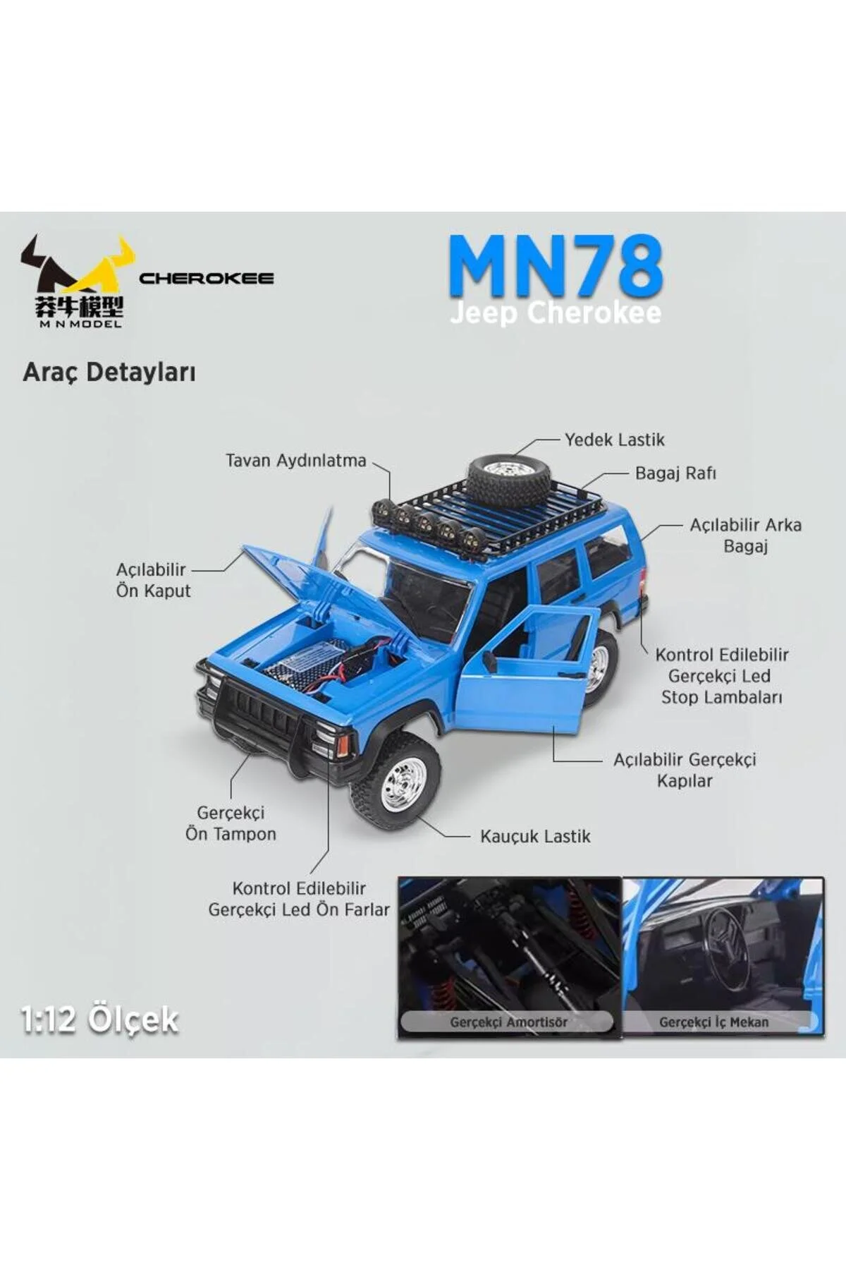 MN78 1 12 JEEP CHEROKEE 4X4 RC مدل CRAWLER کامیون آفرود کنترل از راه دور ماشین RTR آبی ترکیه MN Model