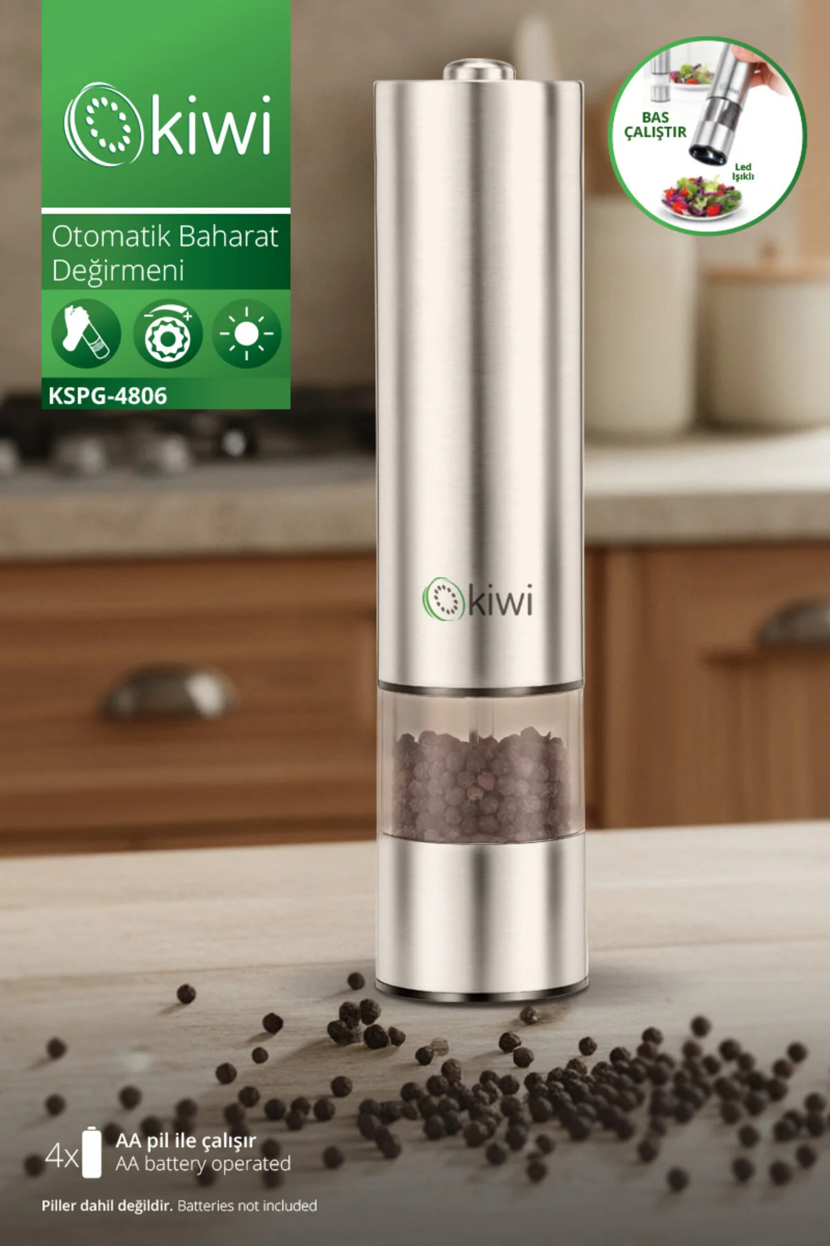 آسیاب دستی قهوه و ادویه فلزی اسیباب Kspg 4806 نمک فلفل سیاه اینوکس  Kiwi